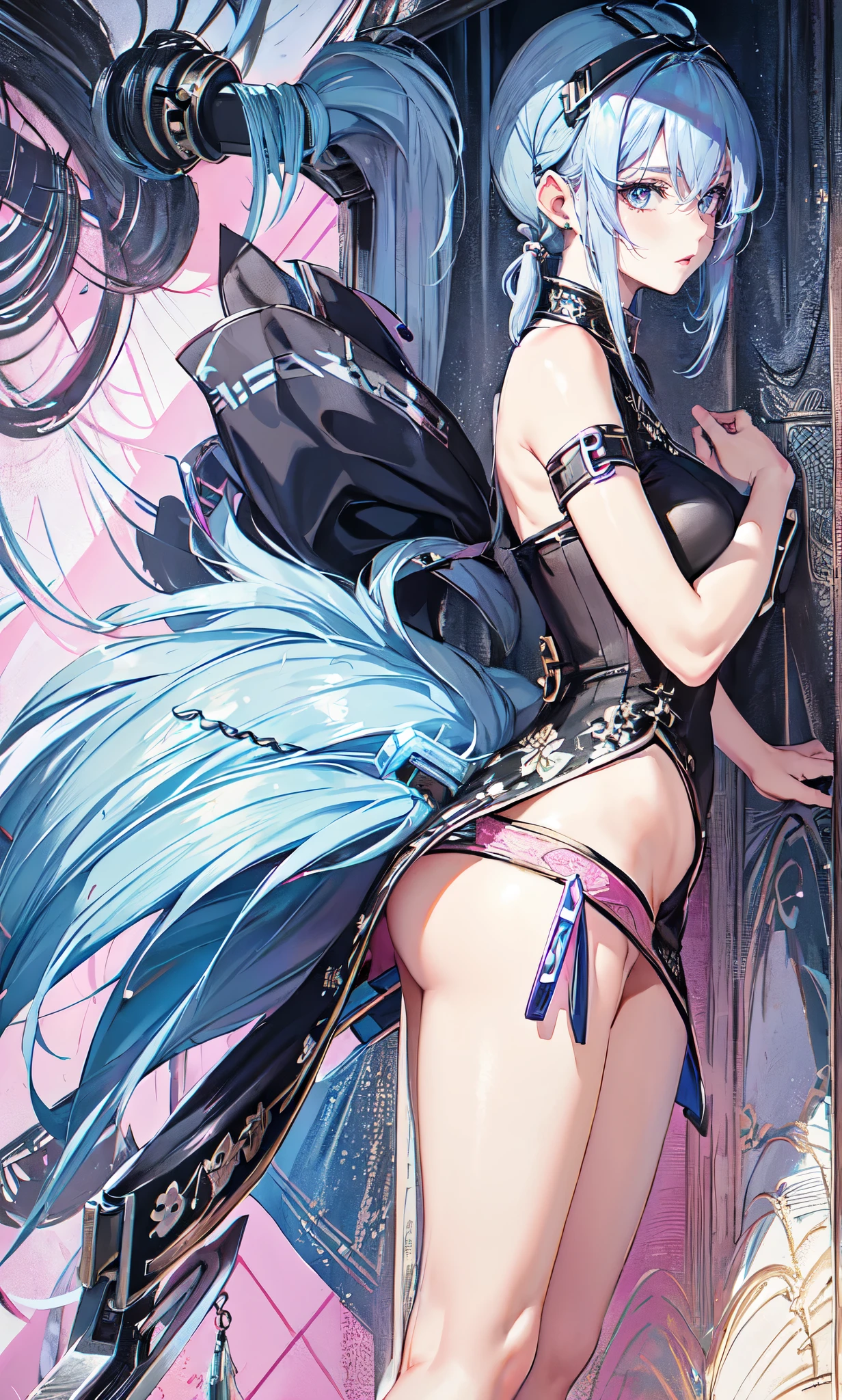 Nordic town,(blue purple hair),(big clip on her hair:2.0),big clip on head,Delicately tied up short hair,Standing close-up,dream world,Mature lady,(Slender gray-white red phoenix eyes,pink lipstick,long eyelashes),long eyelashes,Contact lenses,Pink manicure,curly bangs,(Light blue gauze,Lace low-cut midriff-baring cheongsam,High slit cheongsam dress:2.0),(big breast)(soft light and shadow:1.9),leg rings,绑着刀的leg rings,(old style high heels),black stokings,Detailedly drawn backgrounds