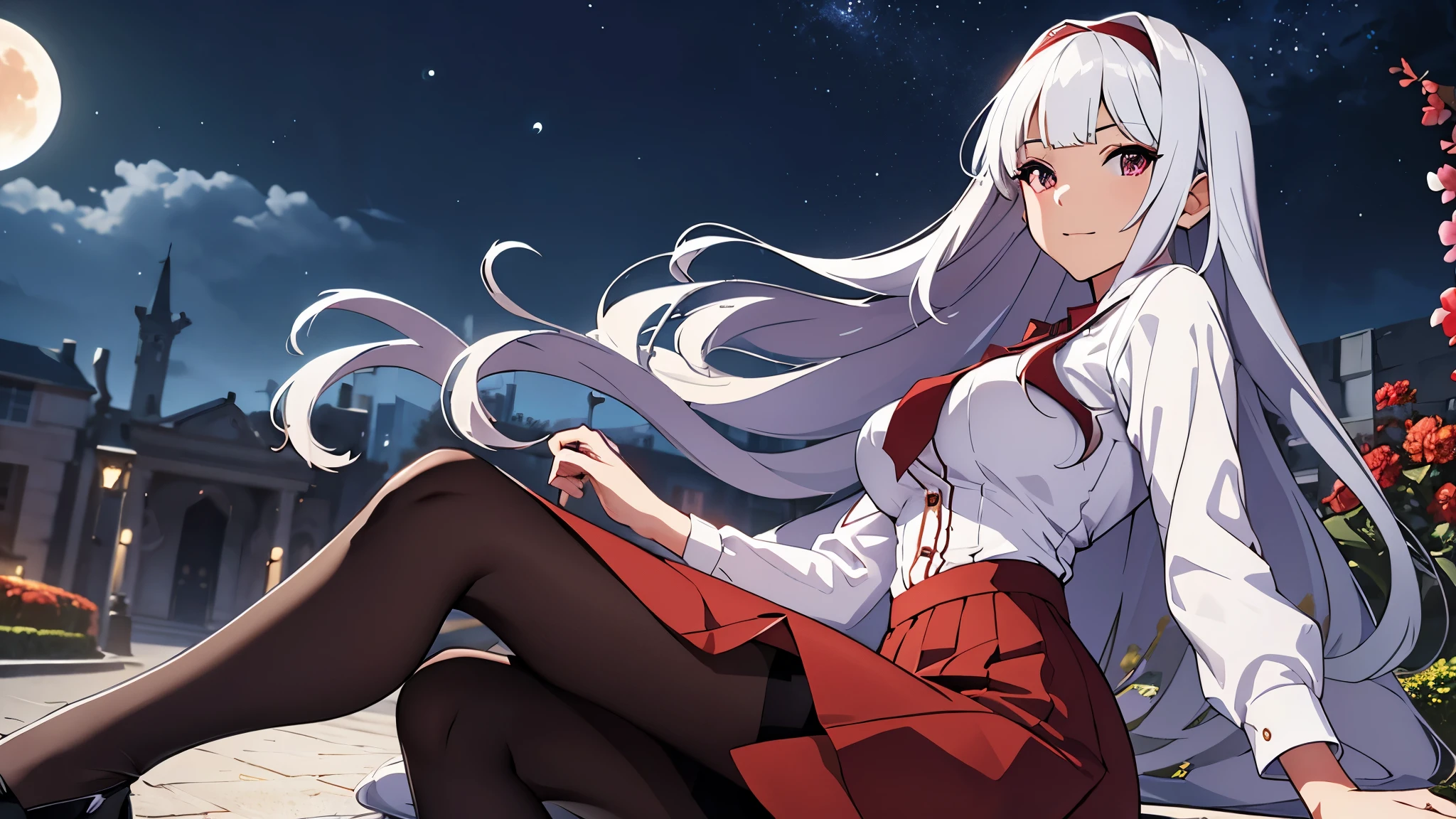 CG, unity, 8k, wallpaper, highest quality, masterpiece, lovely woman, 18-year-old, white hair, white skin, BREAK, white blouse, dark red skirt, (pantyhose:1.3), (Realistic:1.2), best lighting, complex pupils, complex textile, detailed background, (There is a moon at the back: 1.3), starry skies, night, In the flower garden