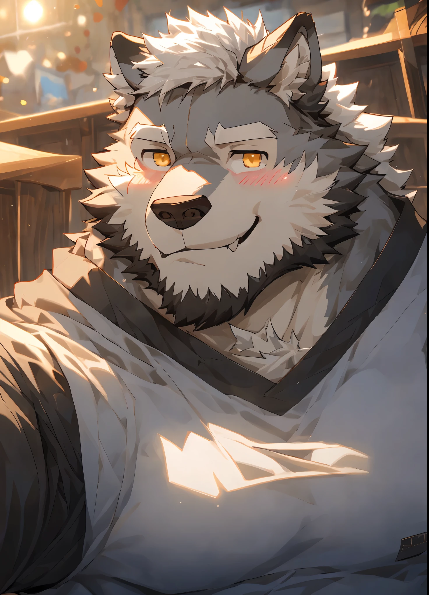 （masterpiece），（Very detailed），（best quality），hairy，Wolf，gray fur，white hair，golden pupils，muscular，Smile（Blushing 1.1），（black casual wear 1.2），（（Selfie of two boys）），8k，（Face close-up 1.5），（（high quality））