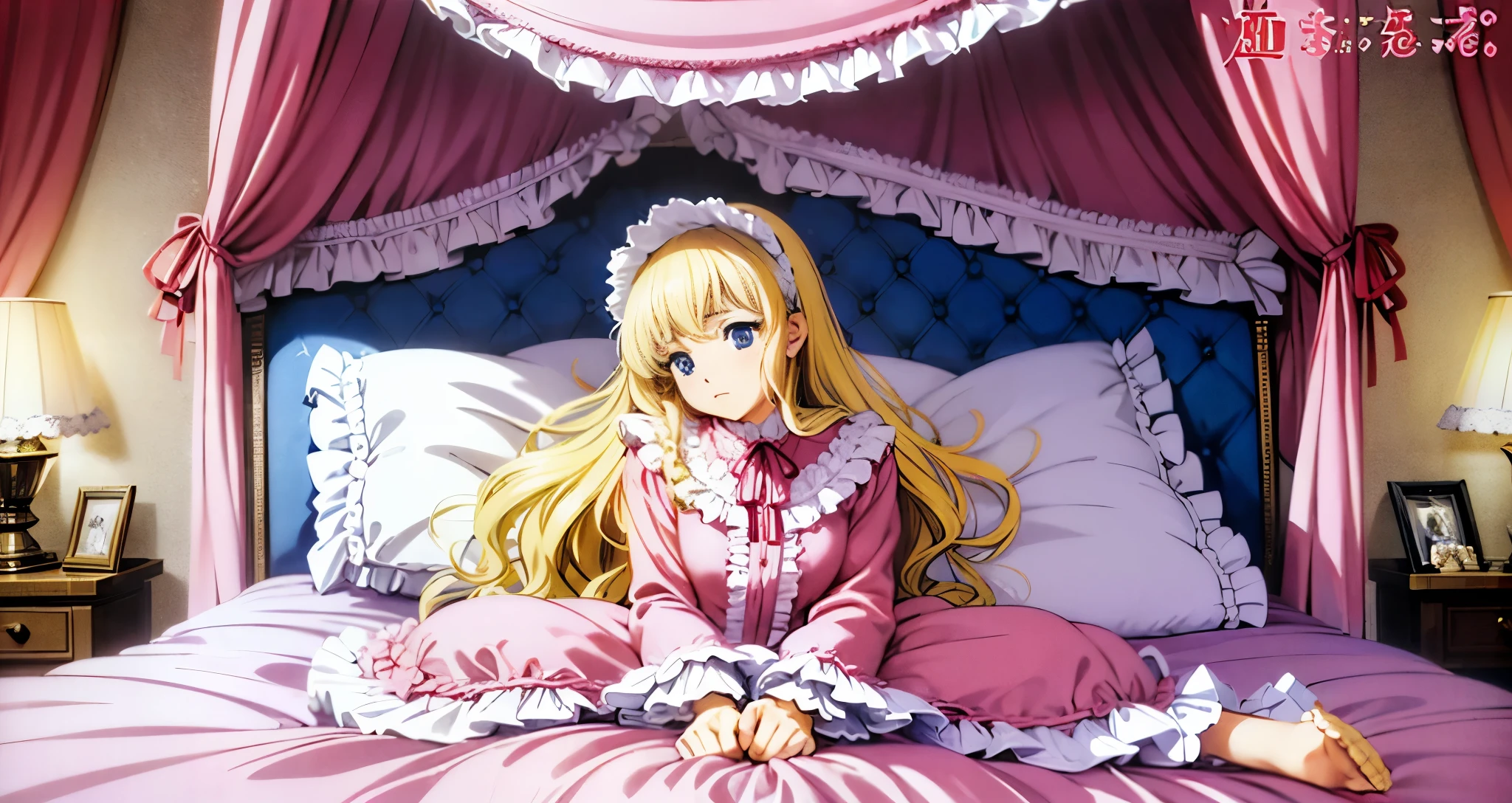 ,highest quality, masterpiece, highest resolution, artwork, super それにget used to it, many get used to it, get used to it, それにget used to it, 3K anime illustration,(( 10 year old girl)),Super detailed baby face,high quality small face,long blonde hair that grows to the waist,blue eyes,白い肌のeuropean,pajamas, european,(((super long blonde hair))),curly hair,blue eyes,((((ピンクのロリータファッションのlong skirtのワンピースドレス)))),((Pink dress with lots of frills and ribbons)),((Luxurious headdress with frills and ribbons)),detailed headdress,,(((big yoke collar))),Yoke collar with ruffles and ribbons,((((long sleeve)))),ruffle sleeves,((((long skirt)))),white ruffle and lace socks,large frill and ribbon pillow,(((Nice pink outfit))),豪華なcanopy bedの上,canopy bed,The bed is surrounded by luxurious curtains,many frilly pillows on the bed,There are many frilly pillows behind the girl.,super detailed background,detailed bed,soft pink comforter,Highly detailed soft ruffle pillow,Beautiful girl illustration,detailed beautiful face,fine hair,detailed eye ,detailed eyes,detailed mouth, arm details,fine hands,Detailed pillow,wide bed,Illustration on the bed, ,((((round futon)))),((((A large ruffled futon that covers the entire bed)))),detailed comforter,detailed bedシーツ,Before bedtime,romantic atmosphere,palace bedroom,((((The lower half of the body is hidden under the futon and the puffy skirt....)))) The girl is leaning on a pile of pillows, ,((((round futon)))),((((A large ruffled futon that covers the entire bed)))),((((not wearing shoes)))),
