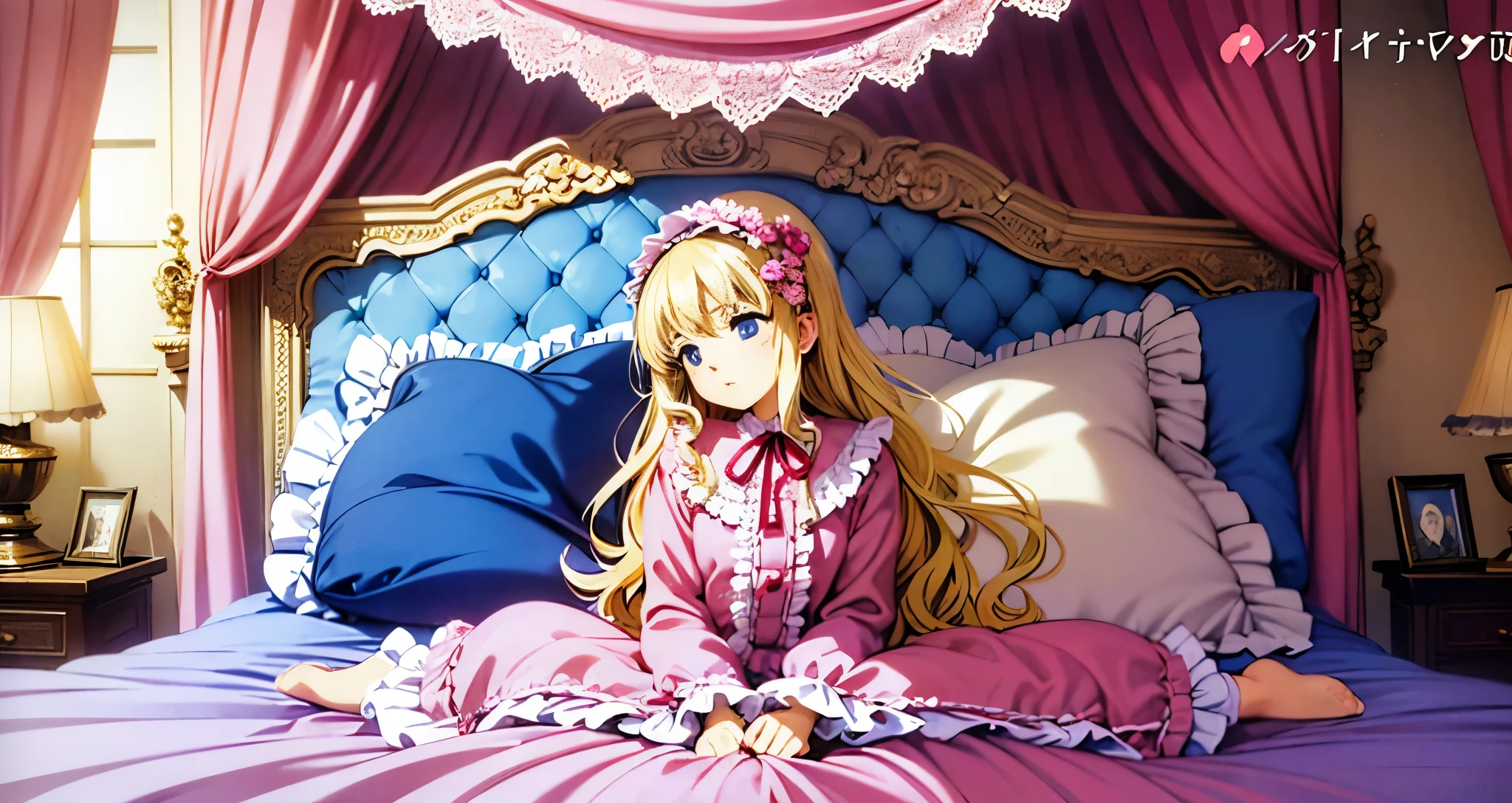 ,highest quality, masterpiece, highest resolution, artwork, super それにget used to it, many get used to it, get used to it, それにget used to it, 3K anime illustration,(( 10 year old girl)),Super detailed baby face,high quality small face,long blonde hair that grows to the waist,blue eyes,白い肌のeuropean,pajamas, european,(((super long blonde hair))),curly hair,blue eyes,((((ピンクのロリータファッションのlong skirtのワンピースドレス)))),((Pink dress with lots of frills and ribbons)),((Luxurious headdress with frills and ribbons)),detailed headdress,,(((big yoke collar))),Yoke collar with ruffles and ribbons,((((long sleeve)))),ruffle sleeves,((((long skirt)))),white ruffle and lace socks,large frill and ribbon pillow,(((Nice pink outfit))),豪華なcanopy bedの上,canopy bed,The bed is surrounded by luxurious curtains,many frilly pillows on the bed,There are many frilly pillows behind the girl.,super detailed background,detailed bed,soft pink comforter,Highly detailed soft ruffle pillow,Beautiful girl illustration,detailed beautiful face,fine hair,detailed eye ,detailed eyes,detailed mouth, arm details,fine hands,Detailed pillow,wide bed,Illustration on the bed, ,((((round futon)))),((((A large ruffled futon that covers the entire bed)))),detailed comforter,detailed bedシーツ,Before bedtime,romantic atmosphere,palace bedroom,((((The lower half of the body is hidden under the futon and the puffy skirt....)))) The girl is leaning on a pile of pillows, ,((((round futon)))),((((A large ruffled futon that covers the entire bed)))),((((not wearing shoes)))),