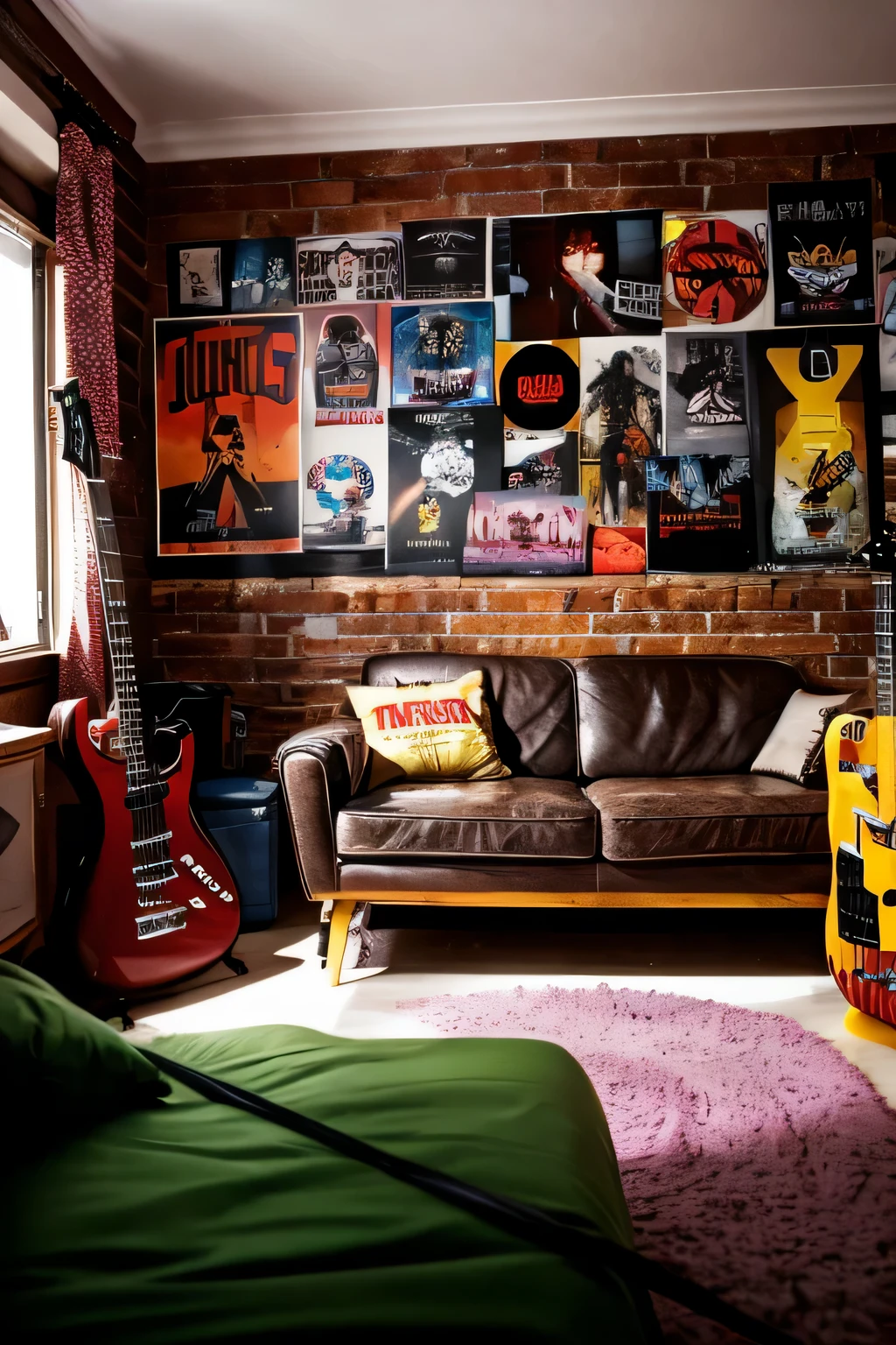 Heavy metal style girl&#39;s room with sofa . heavy metal poster on the wall. The room is decorated with guitars.