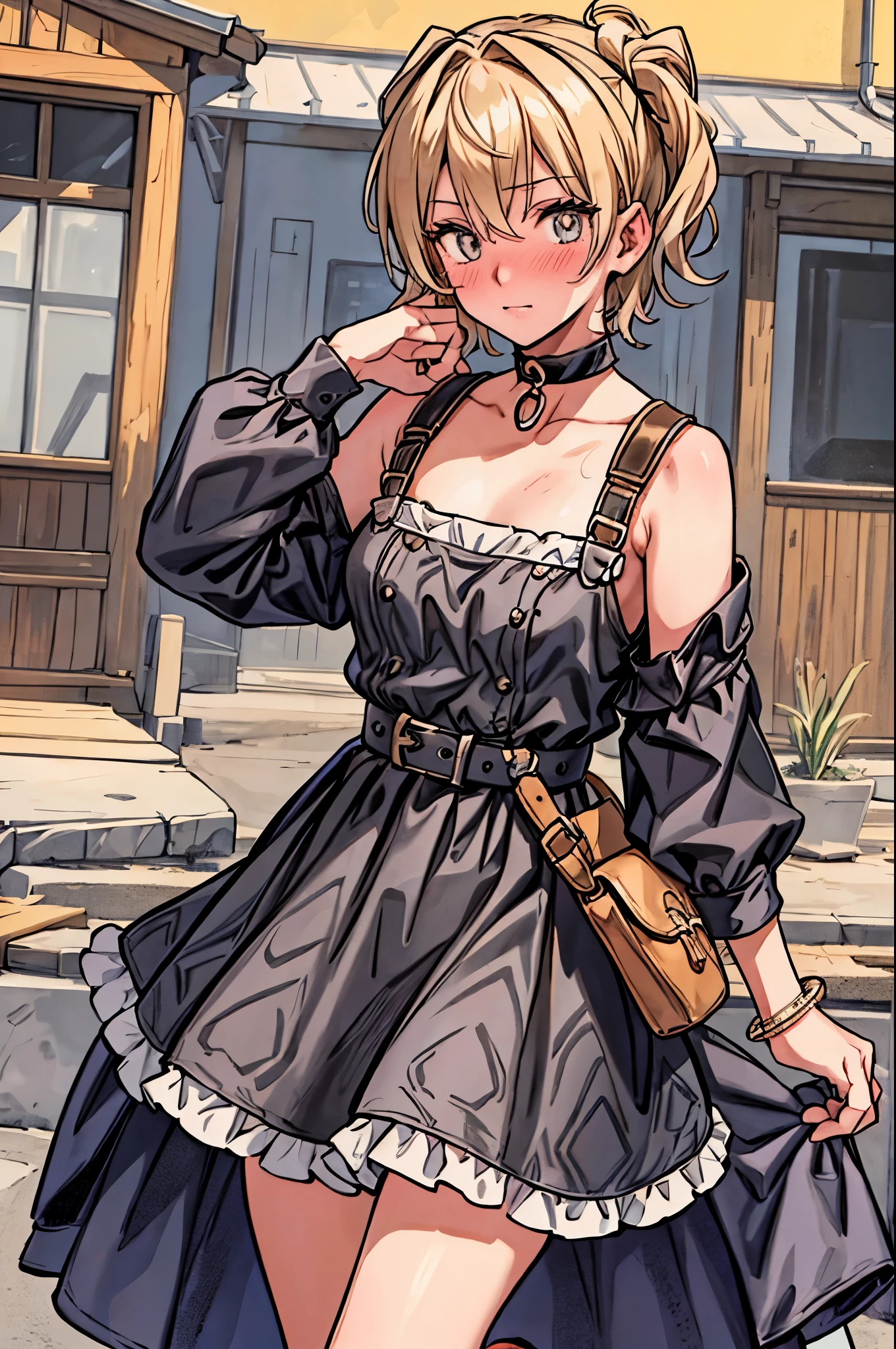 "best quality,ultra-detailed,((background:outside street1,8)),(one boy),(cowboy shot),portraits,((sissy boy,tomboy,FemBoy,trap)),bulge,(natural makeup),black choker,short blonde hair,boy's face,((blushing)),((maxi-length-dress)),(patterned dress),high-heel-sandal,(he’s having shoulder bags),vibrant colors,soft lighting"