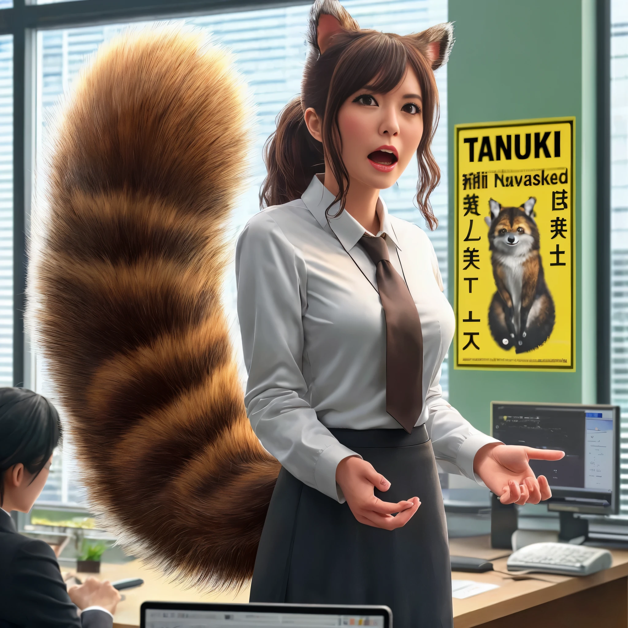 there is a woman in a business suit with a 狸のしっぽ, women with a tanuki tail, (software) safe for work, fur with tail, software version, colleague, realistic style, , realistic style , beautiful girl, photograph, 最high quality, (Her skirt is flipped up and her tail is visible.:1.8) ,Reality, small breasts, slender, white panties,tail from above panties, tail from inside the skirt, bushy tail, realistic tail, flat chest, (software) safe for work, nffsw, retina, muste piece, Accurate, anatomically correct, super detail, advanced details, high quality, 最high quality, High resolution, 1080p, 4k, 8K, The tail is sticking out from inside the skirt, long tail, surprised, eight-headed body, small face, blush, Red cheeks