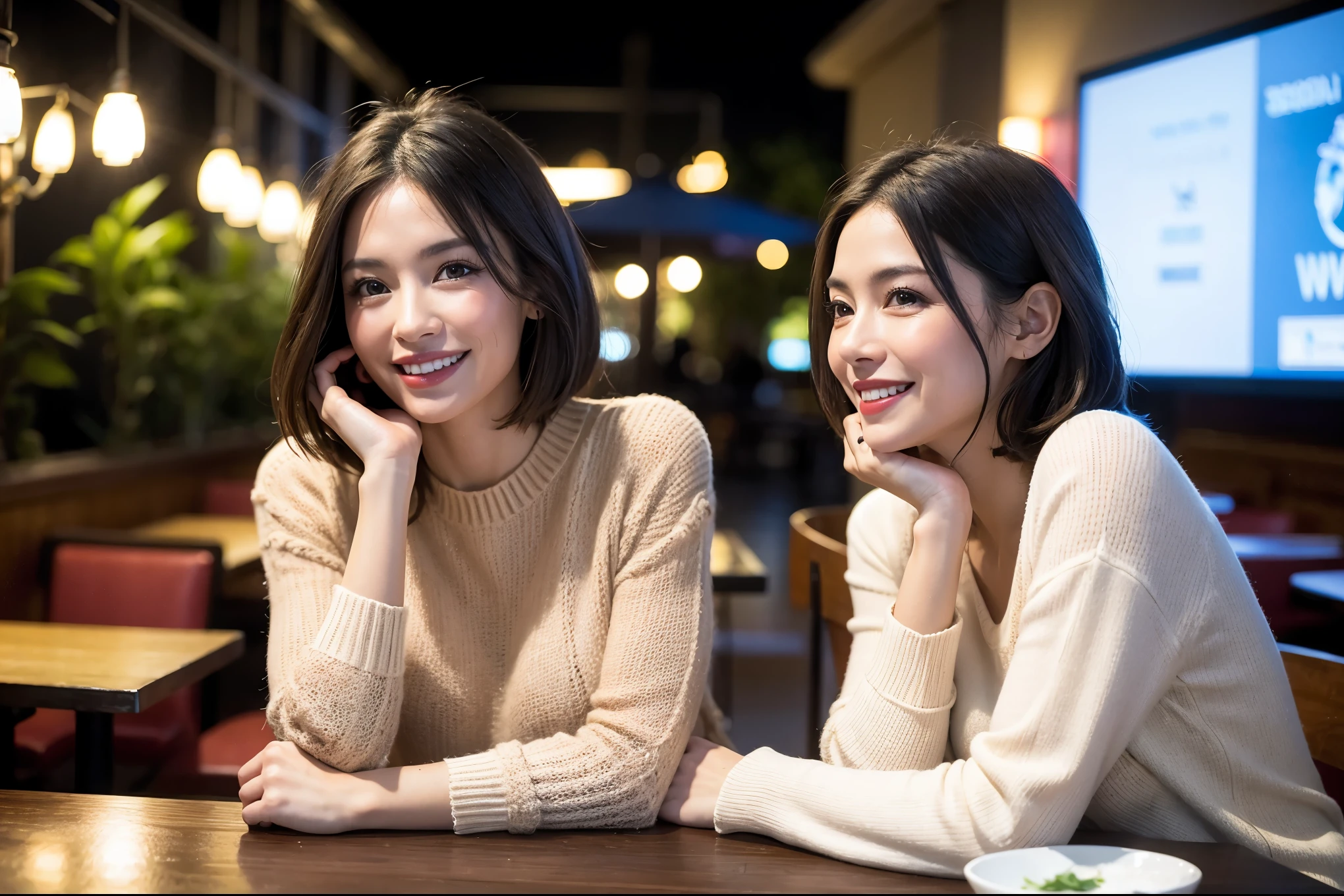 (including 64k、nffsw、highest quality、masterpiece:1.2)、(realistic、Photoreal:1.37)、Super detailed、wine glass、while enjoying wine、mature woman、two beautiful women、(slim face)、(because I'thin)、(brown hair)、(shortcut)、Latino、smileのフランス人女性、happy italian girl、british woman、Americana、cheeks are a little red、(38 years)、42 years old、red wine、窓の外には美しく緻密なnight景が広がります.......、restaurant、目立つ場所にあるwine glass、night、(from the waist up)、sit on top、date、(laughter:1.15)、thin and beautiful eyes、cashmere sweater、long sleeve dress、Japanese、(short hair:1.2)、Float NovaFrogStyle、、modeled、from the waist up、White wine、turned into slime、wine glass、超綺麗なnight景、wine glassを真ん中に置きます、smile、(8k、RAW photo、highest quality、masterpiece:1.2)、(realistic、Photoreal:1.37)、Super detailed、ultra high resolution、2 females、see the beholder、beautiful and detailed face、laughter、narrow、(slim waist) :1.3)、knit shirt、Fine and beautiful skin、skin texture、floating hair、professional light needle breast、kind eyes
