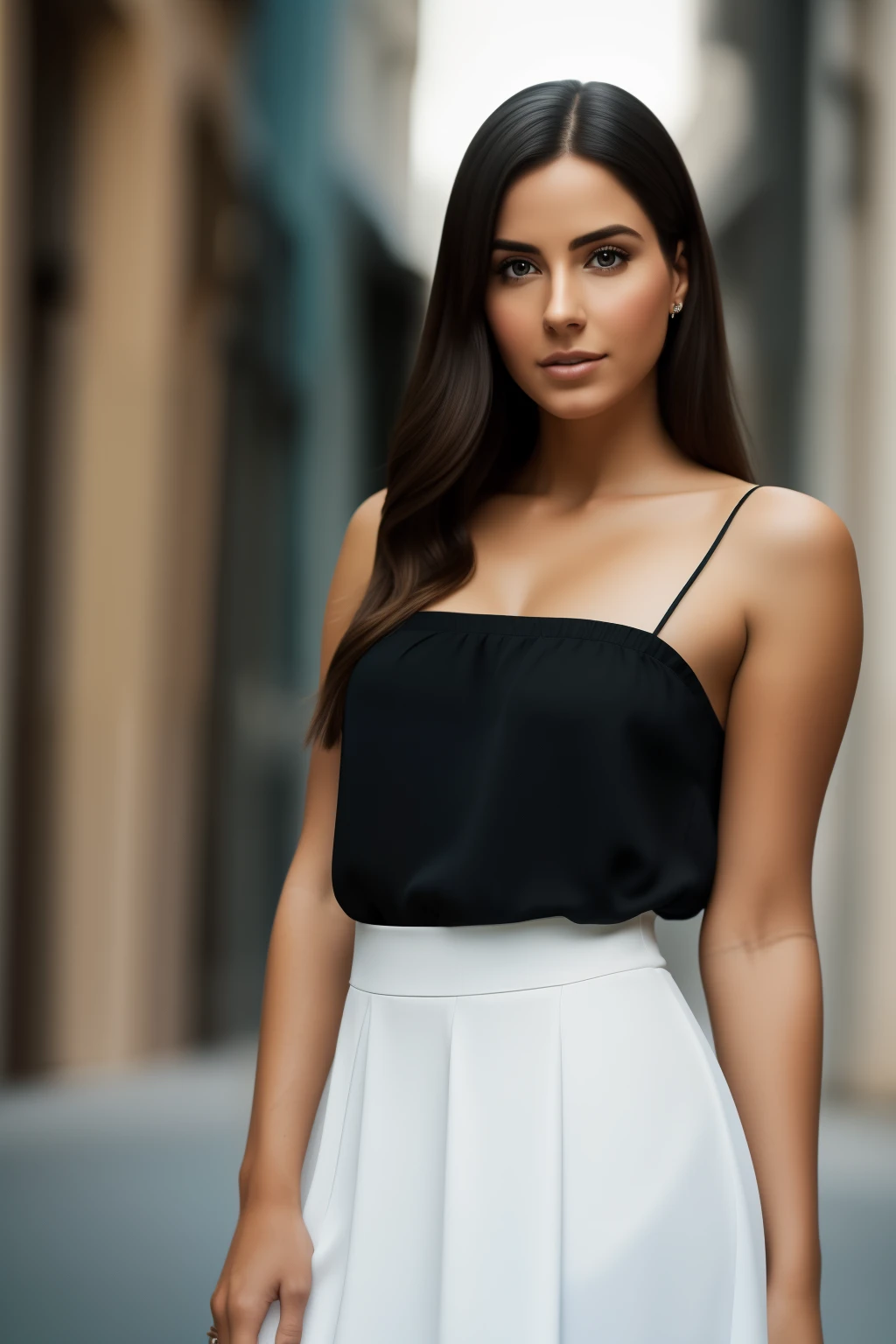 Auto-focused RAW photo, a photograph of a beautiful modern young woman in long transparent white shirt and black skirt, standing and looking at the camera, imagen integral --
Detalles: rosto detallado, planos de fondo suaves, natural lighting, HDR, foto realista, foto profesional, flirteando con el espectador, visual moderno, fotorrealista, Linda, piel suave, UHD 4K Resolution, alta calidad, film grain.