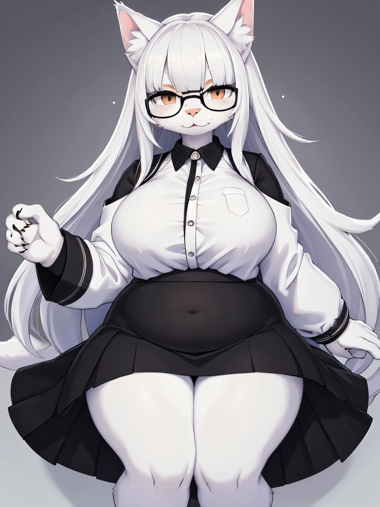 (alta qualidade, artista proficonal, alta resolução), Anime, Furry girl, magra, 48kg, loba com cara de malvada, olhos vermelhos, pelo acinzentado, wearing a hentai school uniform and black tights, encostada numa parede de tijolos vermelhos, Uplighting, noturna, um poste