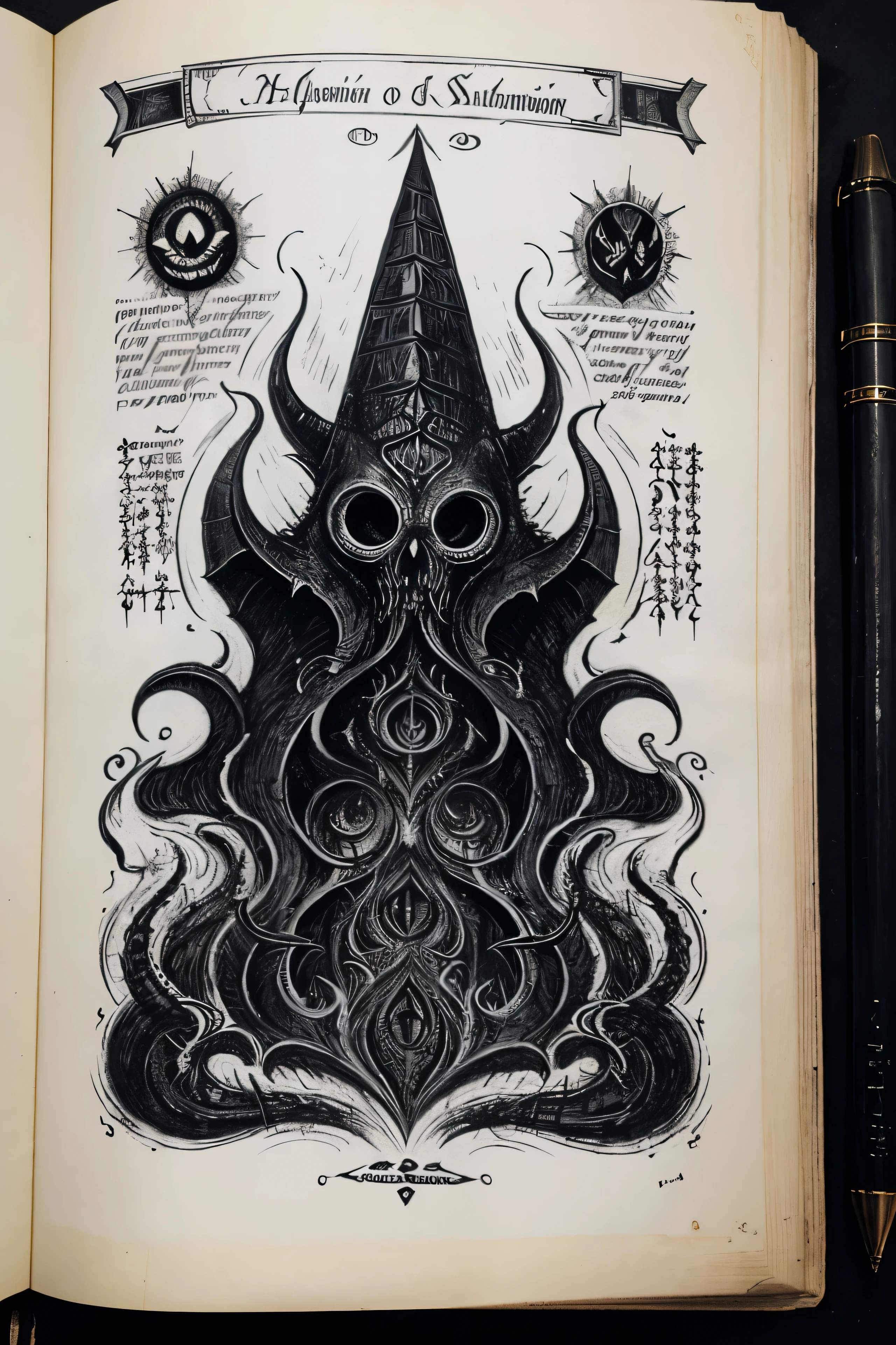 drawing on yellowish paper, (ominous symbols), Sinister creature, beyond consciousness, defy logic, Black lines, (description in unknown language), call page, (illustration of an infinitely terrible creature), (sketch illustration of dangerous abomination), description of the summoning ritual, ((a page from the Necronomicon)), (black-and-white drawing), entire page in unknown horror symbols, page of the book of the dead, (old book), yellow page from old age, ((a lot of unknown text))