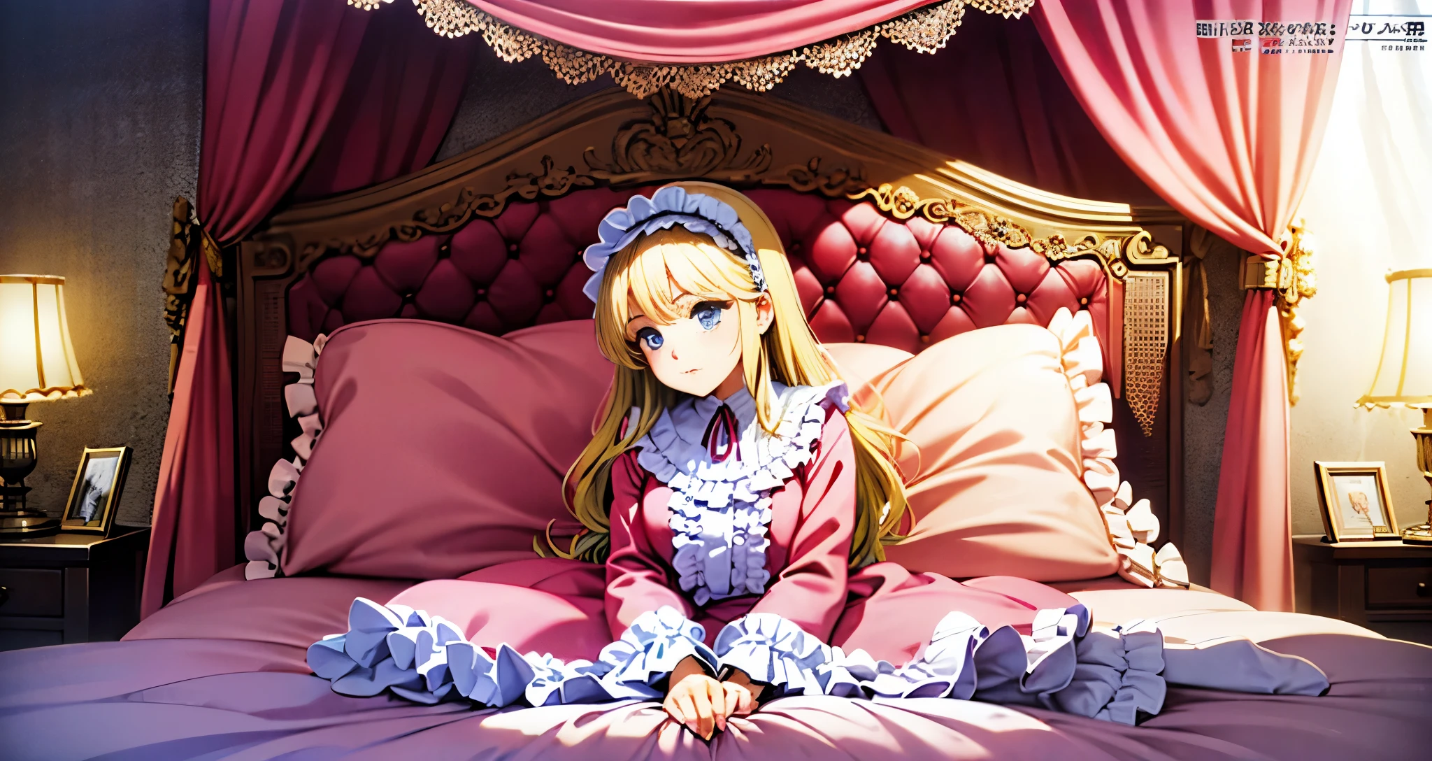 ,highest quality, masterpiece, highest resolution, artwork, super それにget used to it, many get used to it, get used to it, それにget used to it, 3K anime illustration,(( 10 year old girl)),Super detailed baby face,high quality small face,long blonde hair that grows to the waist,blue eyes,白い肌のeuropean,pajamas, european,(((super long blonde hair))),curly hair,blue eyes,((((ピンクのロリータファッションのlong skirtのワンピースドレス)))),((Pink dress with lots of frills and ribbons)),((Luxurious headdress with frills and ribbons)),detailed headdress,,(((big yoke collar))),Yoke collar with ruffles and ribbons,((((long sleeve)))),ruffle sleeves,((((long skirt)))),white ruffle and lace socks,large frill and ribbon pillow,(((Nice pink outfit))),豪華なcanopy bedの上,canopy bed,The bed is surrounded by luxurious curtains,many frilly pillows on the bed,There are many frilly pillows behind the girl.,super detailed background,detailed bed,soft pink comforter,Highly detailed soft ruffle pillow,Beautiful girl illustration,detailed beautiful face,fine hair,detailed eye ,detailed eyes,detailed mouth, arm details,fine hands,Detailed pillow,wide bed,Illustration on the bed, ,((((round futon)))),((((A large ruffled futon that covers the entire bed)))),detailed comforter,detailed bedシーツ,Before bedtime,romantic atmosphere,palace bedroom,((((The lower half of the body is hidden under the futon and the puffy skirt....)))) The girl is leaning on a pile of pillows, ,((((round futon)))),((((A large ruffled futon that covers the entire bed)))),((((not wearing shoes)))),