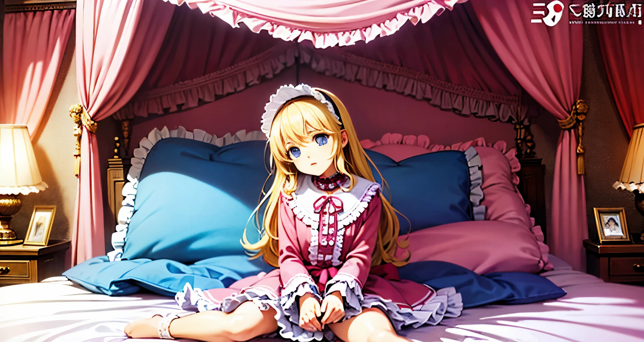 ,highest quality, masterpiece, highest resolution, artwork, super それにget used to it, many get used to it, get used to it, それにget used to it, 3K anime illustration,(( 10 year old girl)),Super detailed baby face,high quality small face,long blonde hair that grows to the waist,blue eyes,白い肌のeuropean,pajamas, european,(((super long blonde hair))),curly hair,blue eyes,((((ピンクのロリータファッションのlong skirtのワンピースドレス)))),((Pink dress with lots of frills and ribbons)),((Luxurious headdress with frills and ribbons)),detailed headdress,,(((big yoke collar))),Yoke collar with ruffles and ribbons,((((long sleeve)))),ruffle sleeves,((((long skirt)))),white ruffle and lace socks,large frill and ribbon pillow,(((Nice pink outfit))),豪華なcanopy bedの上,canopy bed,The bed is surrounded by luxurious curtains,many frilly pillows on the bed,There are many frilly pillows behind the girl.,super detailed background,detailed bed,soft pink comforter,Highly detailed soft ruffle pillow,Beautiful girl illustration,detailed beautiful face,fine hair,detailed eye ,detailed eyes,detailed mouth, arm details,fine hands,Detailed pillow,wide bed,Illustration on the bed, ,((((round futon)))),((((A large ruffled futon that covers the entire bed)))),detailed comforter,detailed bedシーツ,Before bedtime,romantic atmosphere,palace bedroom,((((The lower half of the body is hidden under the futon and the puffy skirt....)))) The girl is leaning on a pile of pillows, ,((((round futon)))),((((A large ruffled futon that covers the entire bed)))),((((not wearing shoes)))),