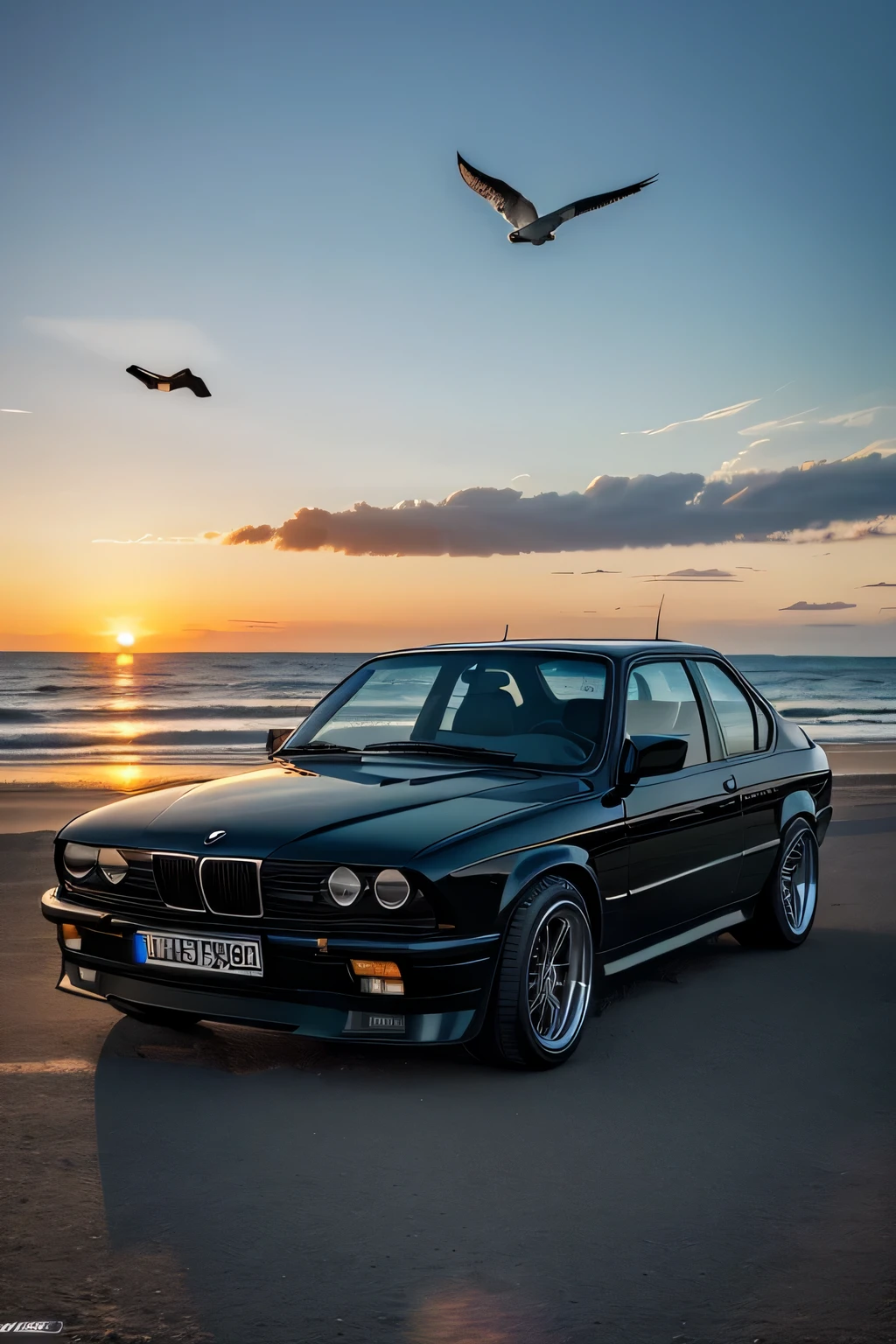 (best quality,4k,highres,masterpiece:1.2), ultra-detailed, (realistic,photorealistic,photo-realistic:1.37), HDR, black BMW E30 with chrome rims, beach scene with sunrise, seagulls flying in the sky