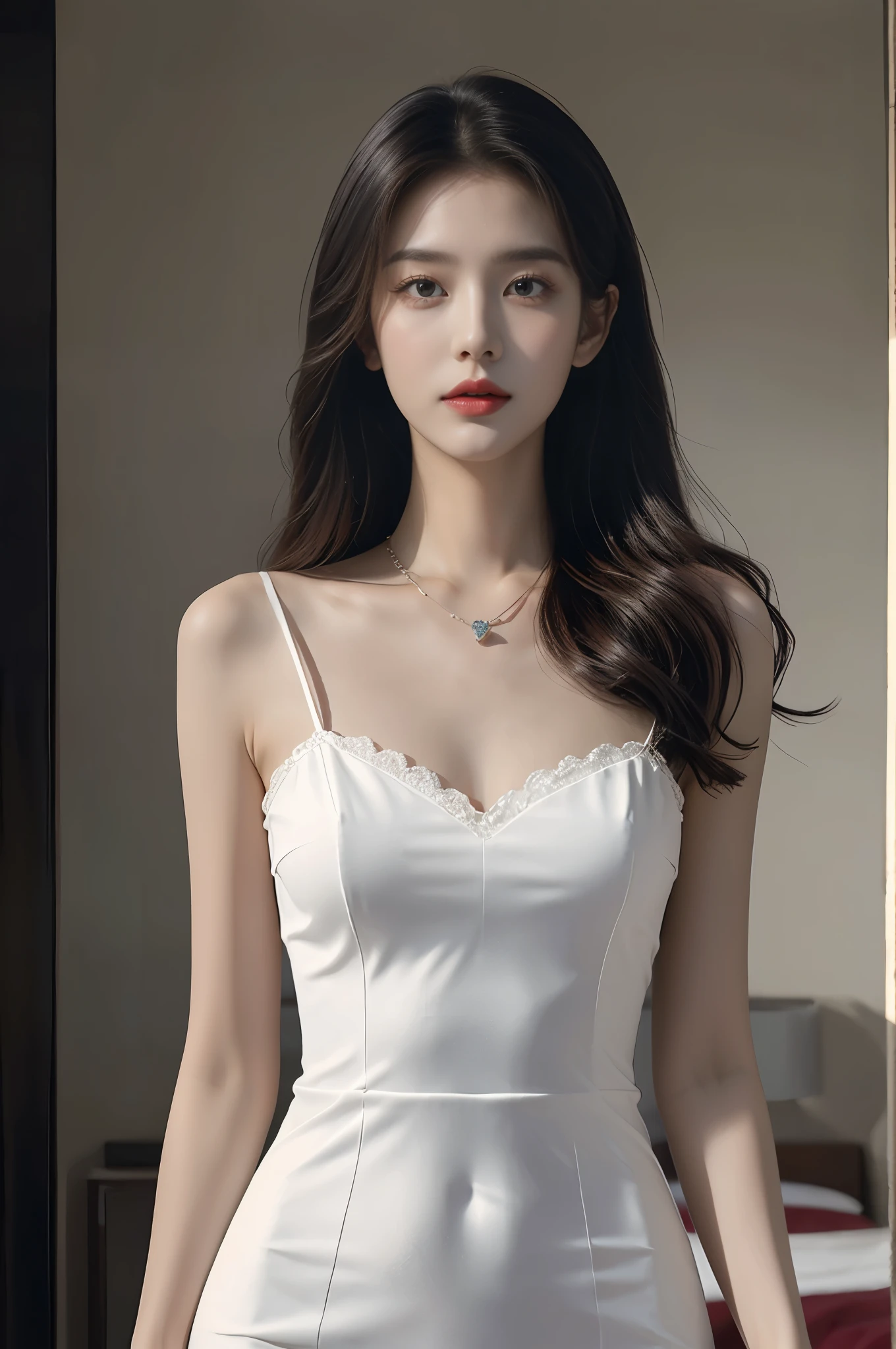 Top CG, Highest image quality, masterpiece, Delicate and delicate beautiful girl, (185cm美女), (Slender figure), ******** elder sister, Queen temperament, White skin, ((long legs)), perfect facial features, Bright Eyes, Seductive pose, red lips, beautiful and cold (Big break)), beautiful and brave, soft and long hair, shiny, Lace edges, net, skin visible through see-through, wear glasses, diamond earrings, ruby necklace, (evening dress), 8K quality, (Realistic portrait), Characters fill the screen, (facial lighting), ((Permanently installed)