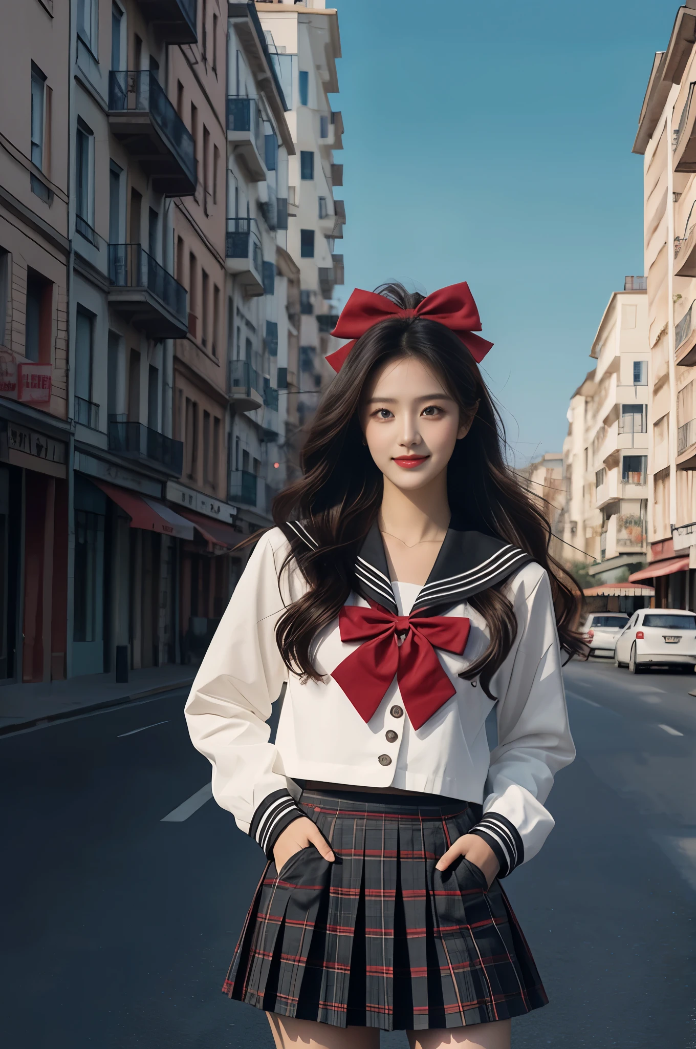 1girl, solo, long hair, looking at viewer, smile, skirt, brown hair, shirt, black hair, long sleeves, bow, holding, brown eyes, school uniform, white shirt, hair bow, pleated skirt, outdoors, serafuku, sailor collar, bag, red bow, red skirt, ground vehicle, building, motor vehicle, hand in pocket, city, realistic, car, road, holding bag, street
