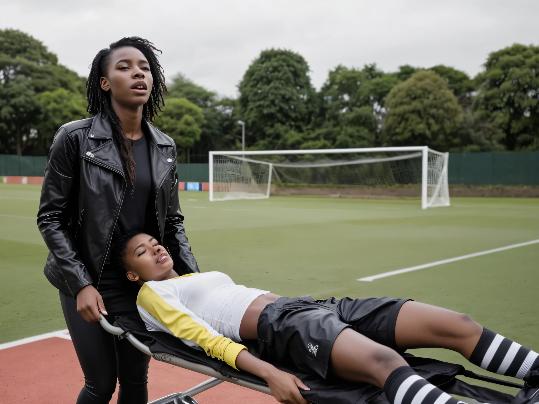 an african girl in a very shiny padded leather coat, a beautiful african girl, soccer, sports injury, theatralic erotic action, intense erotic scene, erotic pose, a love scene, interracial loving action, erotic, an injured soccer-boy in matte cotton sportswear is rearing up in pain on a stretcher, an injured soccer-boy in matte cotton sportswear is rearing up in pain on a stretcher that is carried by his african girlfriend, there is an attractive african girl in a deep black high-shine biker-jacket, a terrified but attractive african girl is evacuating her injured soccer-boyfriend from a soccer field, an injured soccer-boy in matte cotton sportswear is rearing up in pain on a stretcher while he is evacuated from the field of play by his very attractive african girlfriend, an injured soccer-boy is crying in pain, an attractive african girl in a wet deep black shiny plastic-jacket is giving first aid, dramatic action scene, first aid, injury, pain, agony, helping woman, woman carrying a man, an attractive african girl in a black shiny biker- jacket, an attractive african girl in a wetlook shiny patent-leather-biker-jacket with lipstick and madeup smokey eyes, a consciousless german boy in a cotton shirt and a matte jeans, an attractive african girl with lots of makeup in a very shiny wet black biker-jacket, an attractive african girl is wearing a shiny bikerjacket, an attractive african girl with smokey eyes, an attractive madeup girl in shiny leather with lipstick, an attractive african girl is carrying a german boy, a matte clothed injured boy, a shorthaired boy with cotton t-shirt, a shorthaired boy needs to be carried while wearing matte sportswear