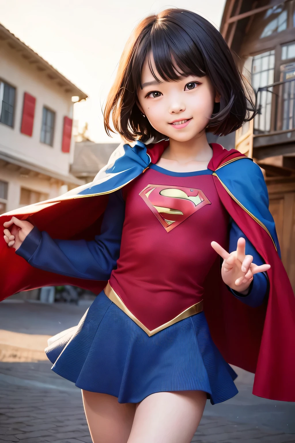 A very elementary school student is wearing Supergirl clothes..、masterpiece、highest quality、Spreading black hair、bob cut with trimmed ends、(flat chest)、lolicon、red cloak、Glowing heart particles dance in the air、Rooftop background with pool、whole body、smile