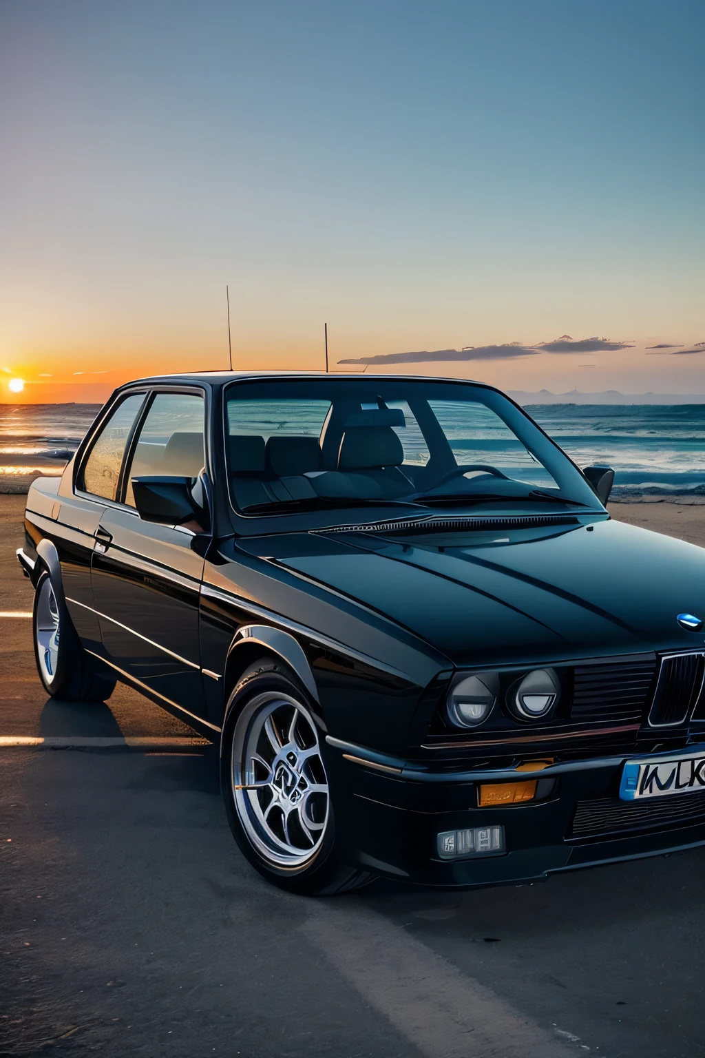(best quality,4k,highres,masterpiece:1.2), ultra-detailed, (realistic,photorealistic,photo-realistic:1.37), HDR, black BMW E30 with chrome rims, beach scene with sunrise, seagulls flying in the sky
