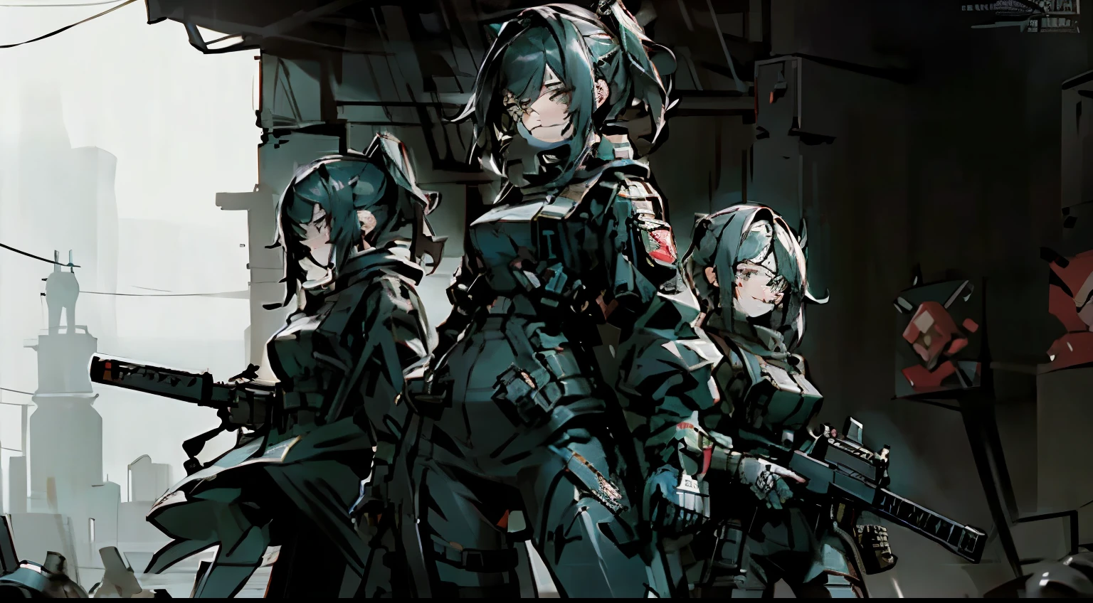 Group of three girls holding cyberpunk assault rifles near a military humvee in the wasteland
