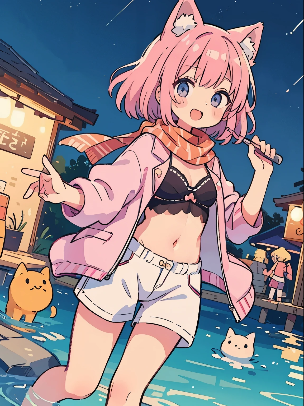 NSFW,lifeguard、Very beautiful and Shining Eyes、Shining Eyes、1 girl、Small breasts、Big Mouth、high school girl、Small breasts、Cat ear、Transparent pink short hair、hot pants、