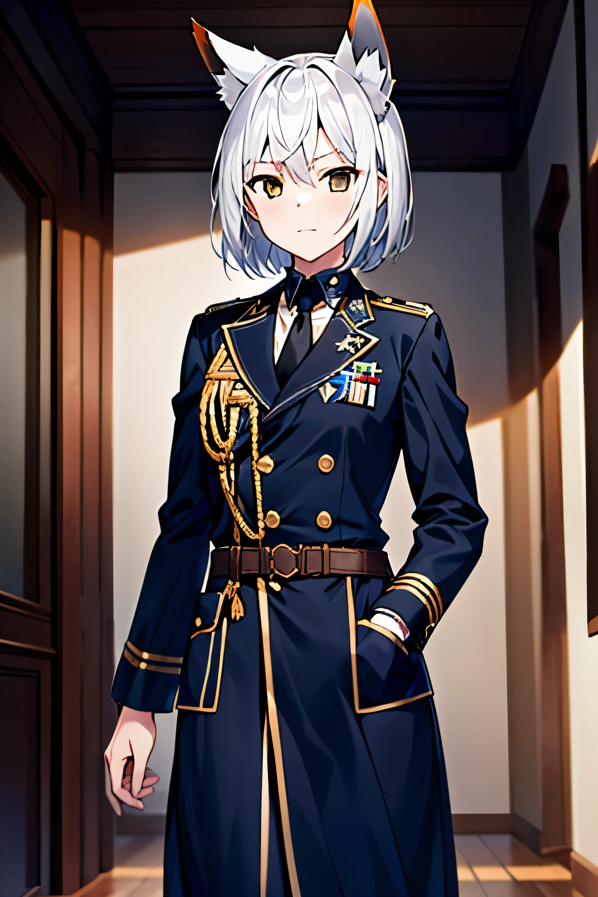 Masterpiece, solo, 1girl, standing, indoor, short hair, fox ears, black commander uniform, white hair, brown eyes, black gloves, perfect arms, perfect body, perfect leg, black coat, cowboy shot, portray poses, gold badge, hands inside pocket, medium size breast, white background, black necktie, black shirt