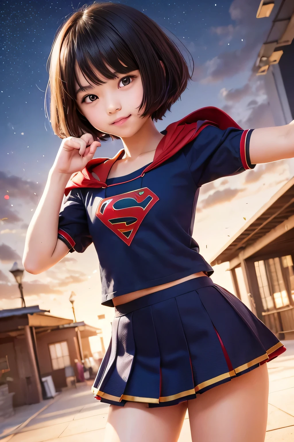 A  is wearing Supergirl clothes..、masterpiece、highest quality、Spreading black hair、bob cut with trimmed ends、(flat chest)、lolicon、red cloak、short sleeve、pink heart shaped particles、Rooftop background with pool、whole body、smile、