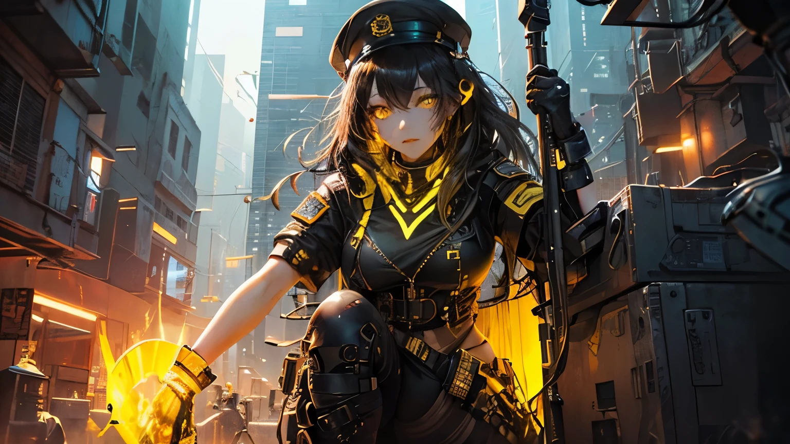 (1girl in)、(Plump beauty)、(Black hair)、(30-years old)、(Top image quality)、(8K picture quality)、(cyberpunked)、(masutepiece)、 (Flickering of light)、(Wear a cyberpunk military uniform)、cinematric light, Cinema Shadow, Sharp Image, Extremely detailed, Volumetric, Bright sprites, particles effect, beautiful effects, Vivid colors, neons, Neon light, Highly detailed image textures, detailed hairs, Detailed eyes,  city、Dark hair、Eyes glow、(Yellow aura emanating from clothes:1.5)、Photo from the knee up、