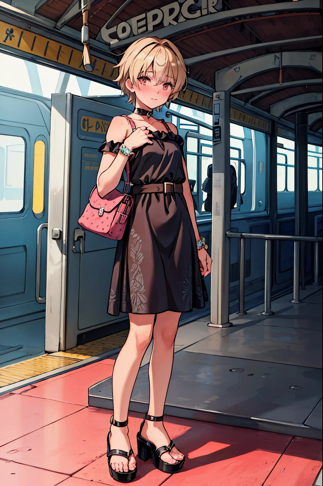 "best quality,ultra-detailed,((background:inside-train-station1,8)),(one boy),(full body),portraits,((sissy boy,tomboy,FemBoy,trap)),bulge,(natural makeup),black choker,short blonde hair,boy's face,((blushing)),((maxi-length-dress)),(patterned dress),(high-heel-sandal),(he’s having shoulder bags),vibrant colors,soft lighting"
