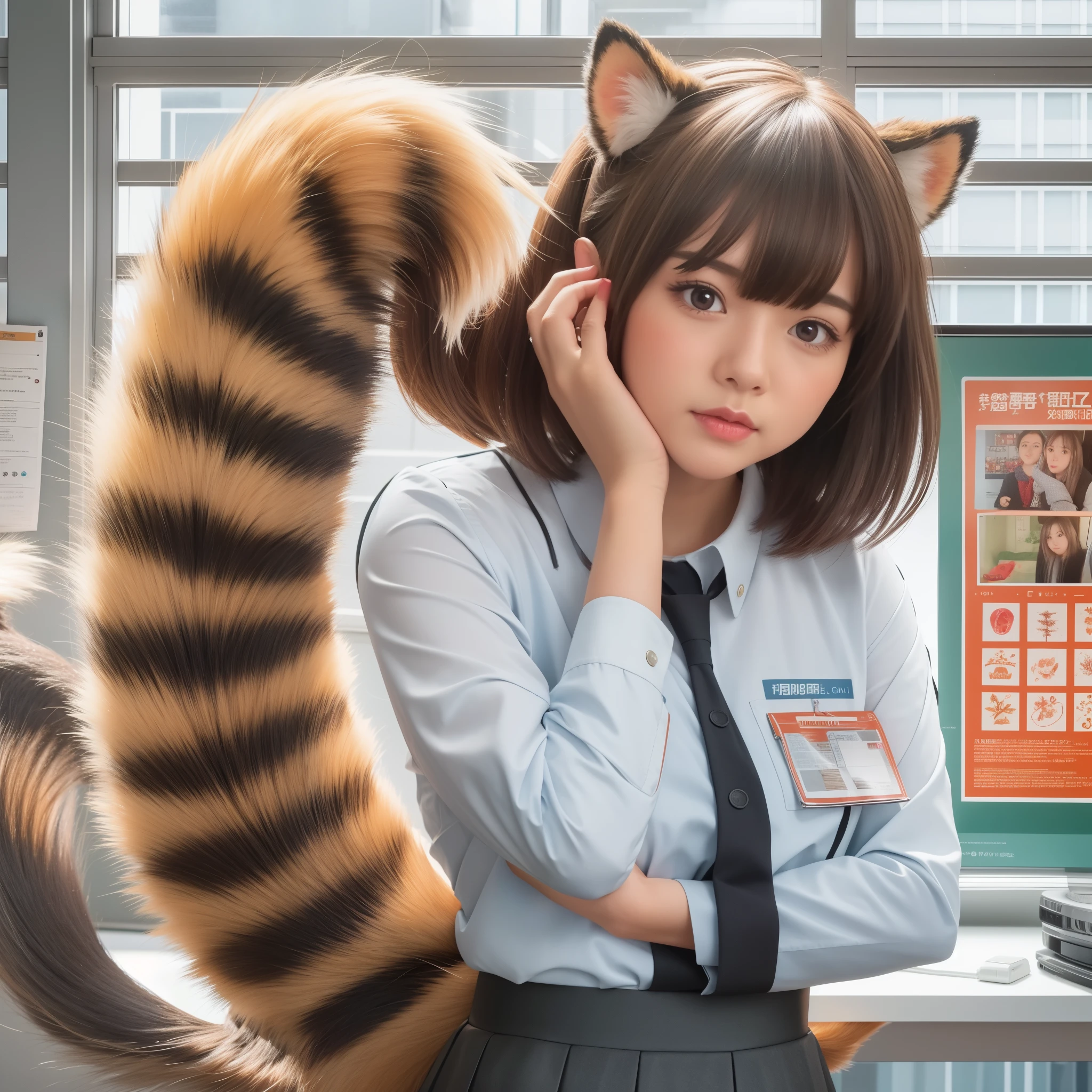 women with a tanuki tail, (software) safe for work, fur with tail, software version, colleague, realistic style, , realistic style , beautiful girl, photograph, 最high quality, (Her skirt is flipped up and her tail is visible.:1.8) ,Reality, small breasts, slender, white panties,tail from above panties, tail from inside the skirt, bushy tail, realistic tail, flat chest, (software) safe for work, nffsw, retina, muste piece, Accurate, anatomically correct, super detail, advanced details, high quality, 最high quality, High resolution, 1080p, 4k, 8K, The tail is sticking out from inside the skirt, long tail, be surprised to see the tail, eight-headed body, small face, blush, Red cheeks