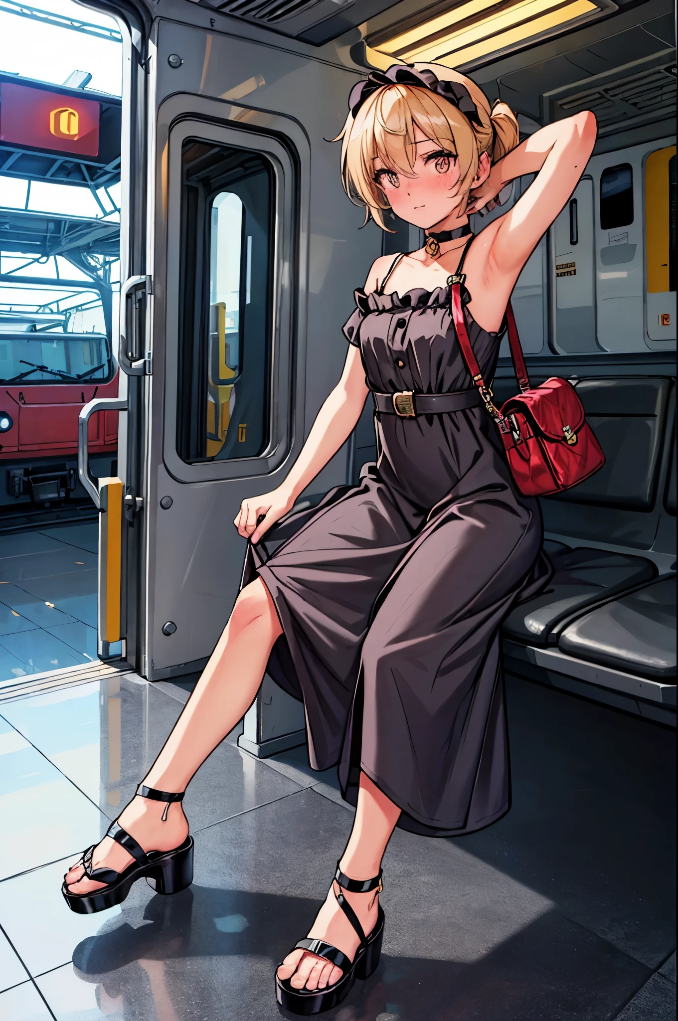 "best quality,ultra-detailed,((background:inside-train-station1,8)),(one boy),(full body),portraits,((sissy boy,tomboy,FemBoy,trap)),bulge,(natural makeup),black choker,short blonde hair,boy's face,((blushing)),((maxi-length-dress)),(patterned dress),(high-heel-sandal),(he’s having shoulder bags),vibrant colors,soft lighting"