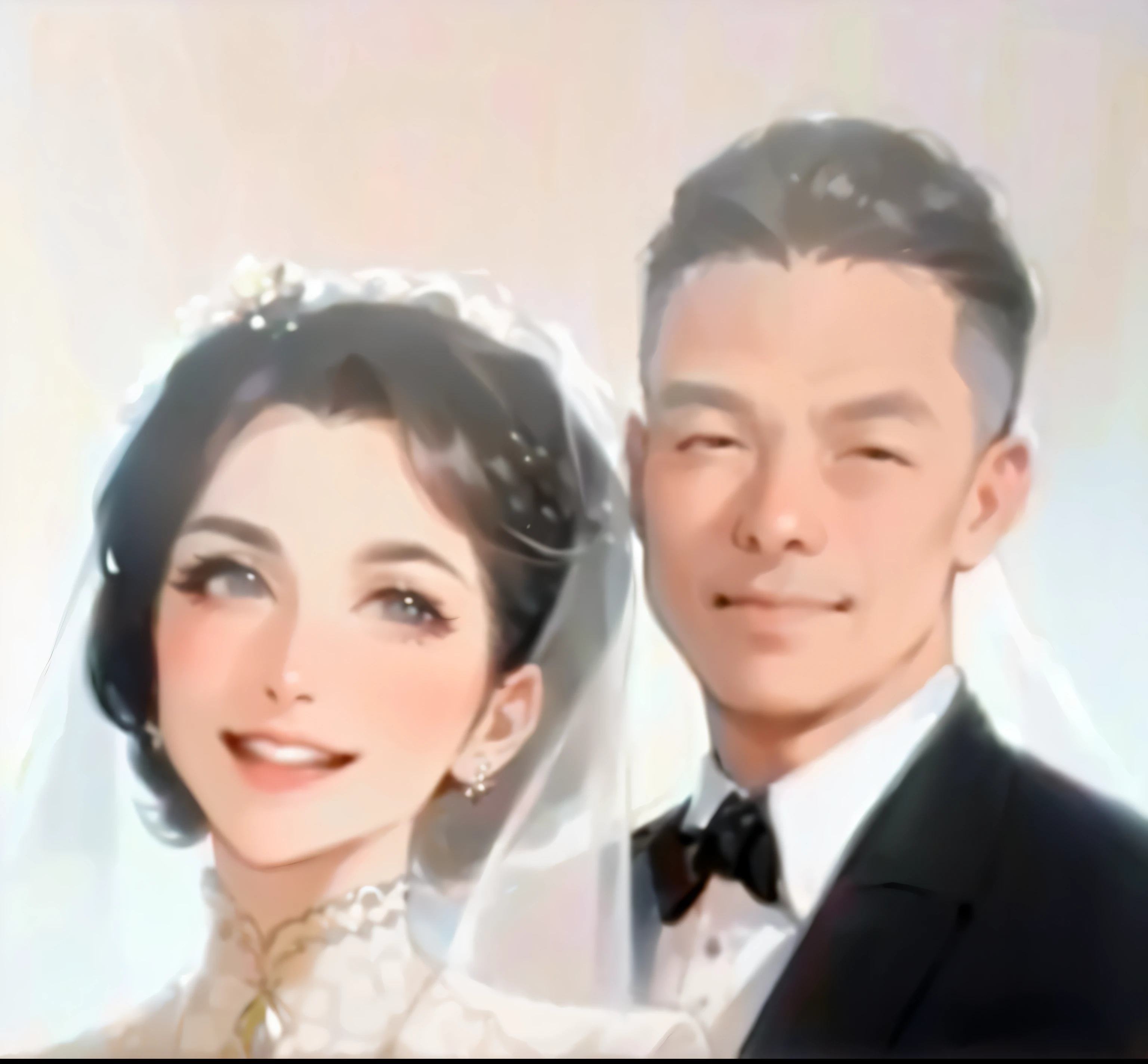 Bride and groom posing for photo in formal clothes,