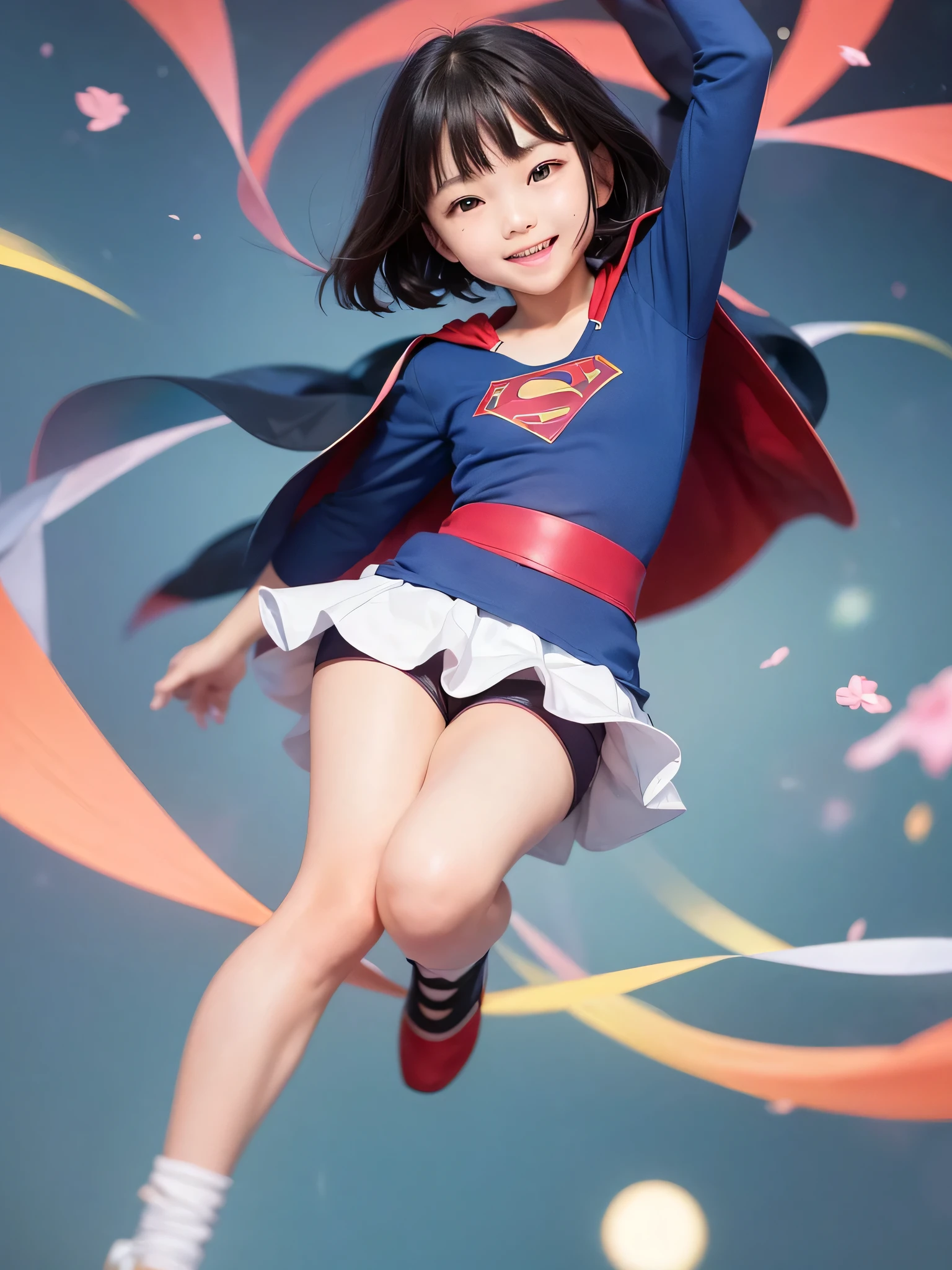 A very elementary school student is wearing Supergirl clothes..、masterpiece、highest quality、Spreading black hair、bob cut with trimmed ends、(flat chest)、con、red cloak、short sleeve、pink heart shaped particles、Rooftop background with pool、whole body、smile、High leg、thin crotch