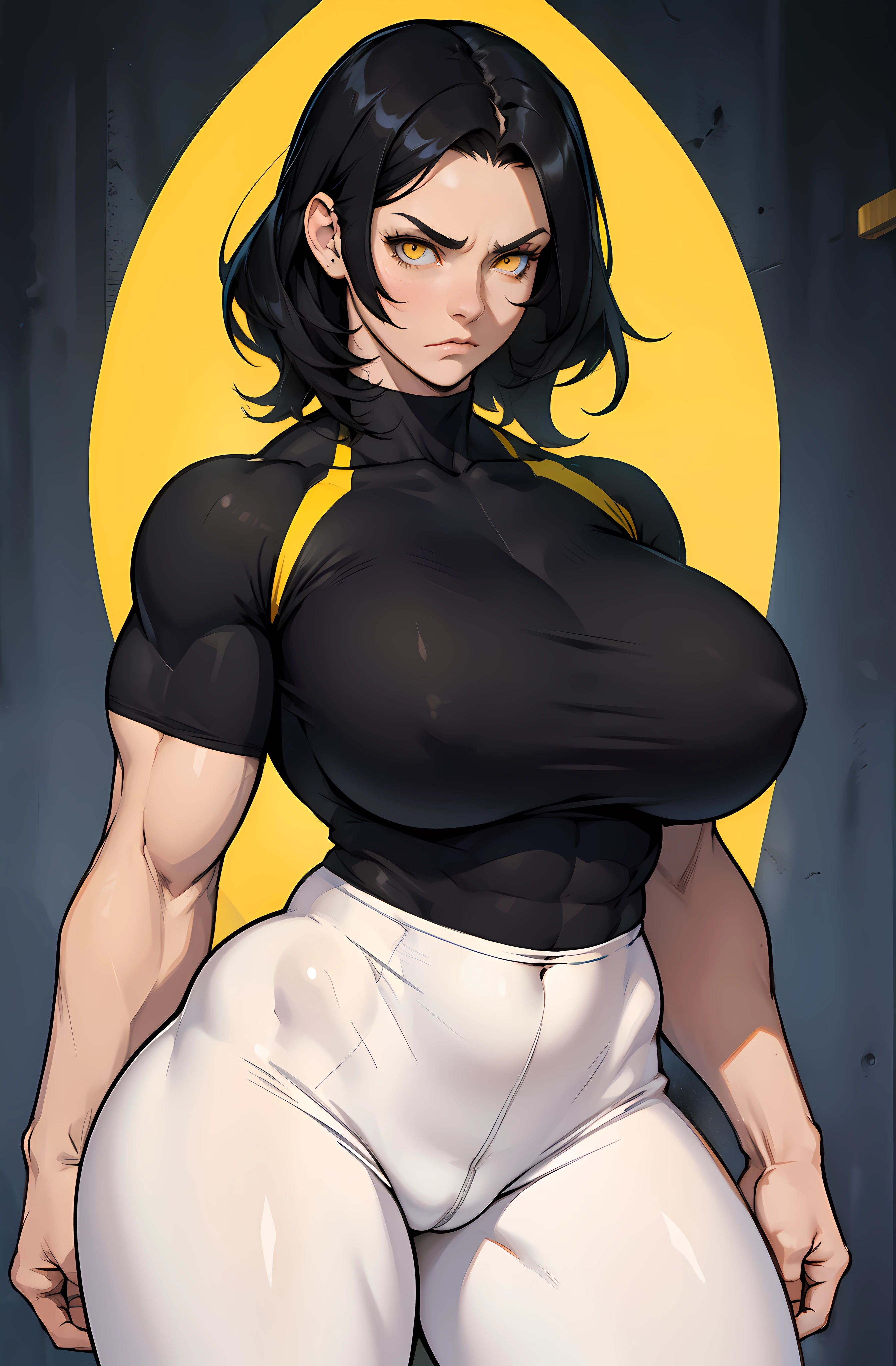 (((muscular girl huge breasts))) black hair yellow eyes pale skin frown UHD 16k best quality wide hips tight shirt