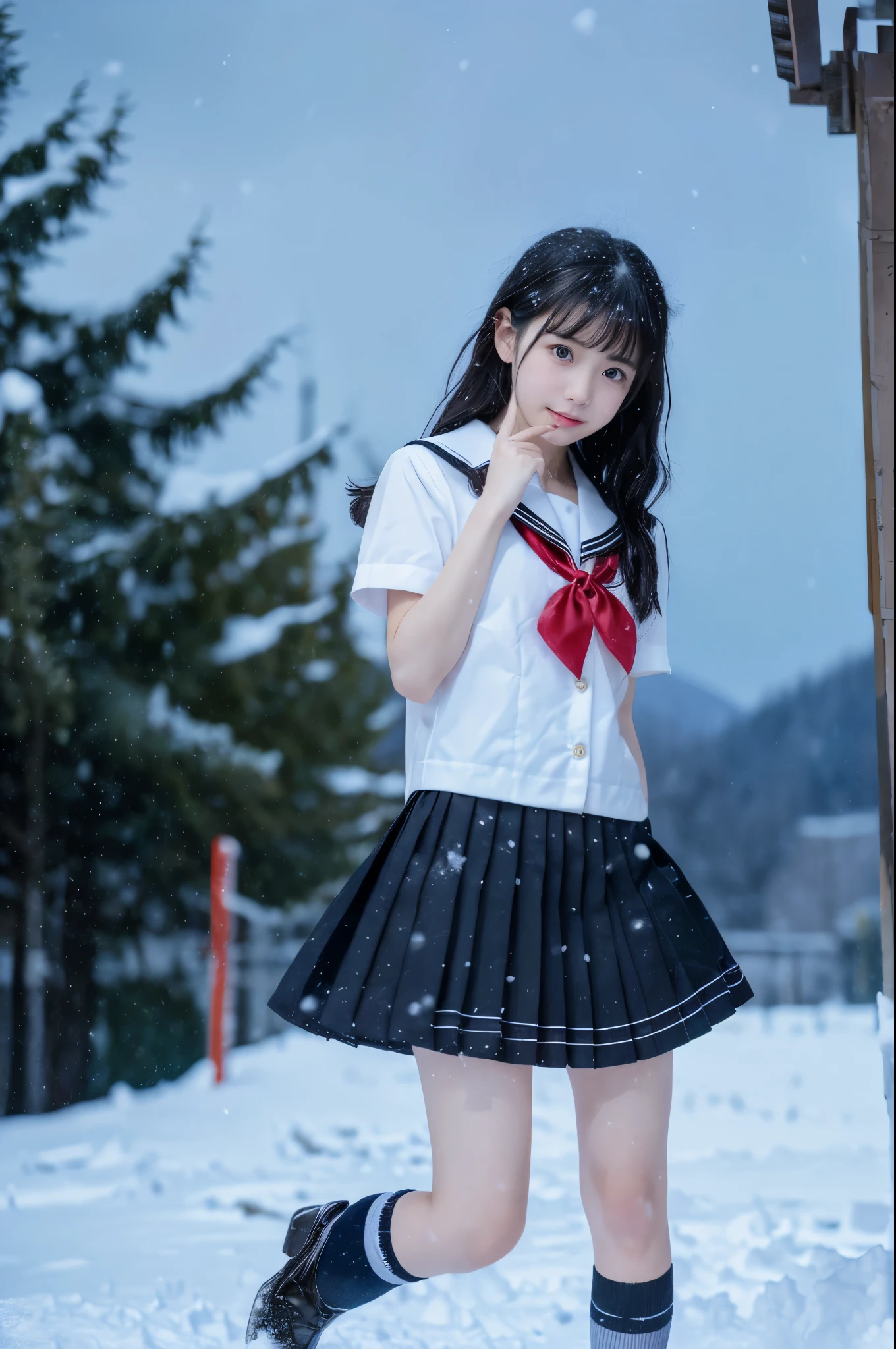 (in 8K、RAW Photos、top-quality、masterpiece:1.2), (realisitic、Photorealsitic:1.37), ultra-detailliert, high resolution, 1girl in, a closeup, Raw feet, A dark-haired, black eyes, japanese, color contact lens, (beautiful legs:1.3), (slender girl:1.4), a beauty girl, (Thin legs:1.3), a sailor suit, , high-school girl, JK, Ultra mini skirt, Dark blue pleated skirt, Short socks, Tri-fold socks, white sock, (short sleeves:1.3), (black loafers shoes:1.3), Full body, (standing:1.2), (heavy snowing:1.2), (deep snow:1.2), red_ribbon, very_short_sleeves, mountain_background