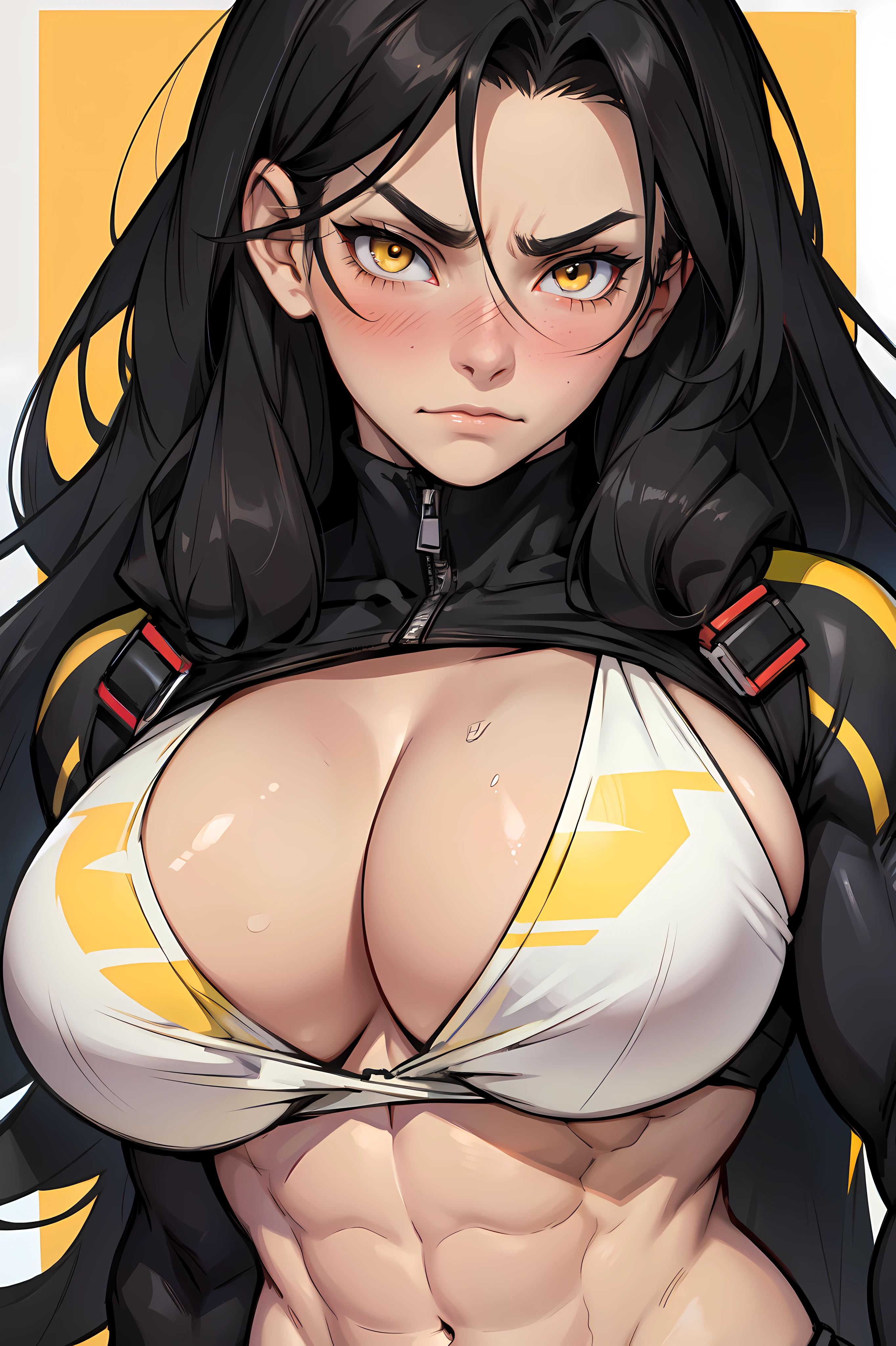 1girl black hair yellow eyes very long hair pale skin frowning blushing bodybuilder huge breasts muscular toned body long abs