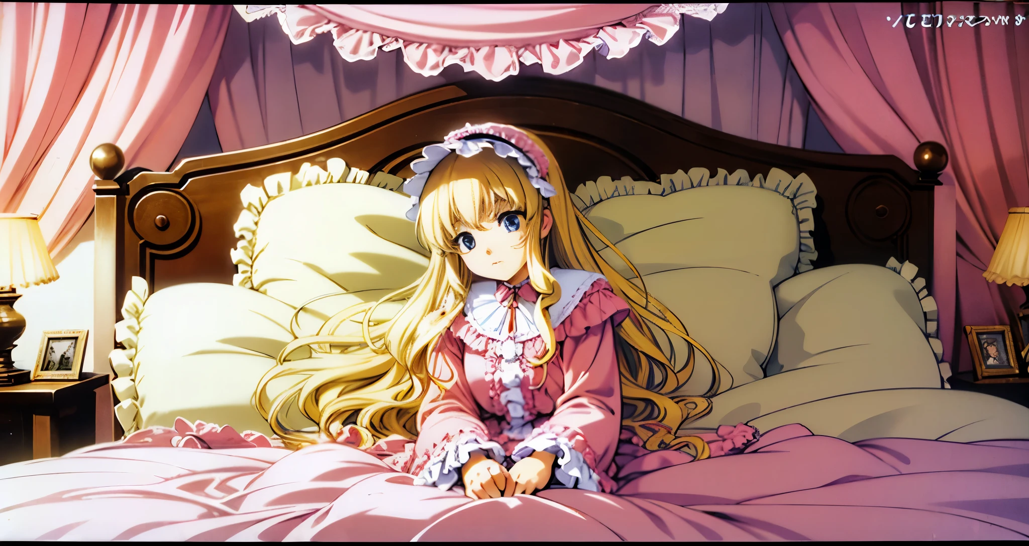 ,highest quality, masterpiece, highest resolution, artwork, super それにget used to it, many get used to it, get used to it, それにget used to it, 3K anime illustration,(( 10 year old girl)),Super detailed baby face,high quality small face,long blonde hair that grows to the waist,blue eyes,白い肌のeuropean,pajamas, european,(((super long blonde hair))),curly hair,blue eyes,((((ピンクのロリータファッションのlong skirtのワンピースドレス)))),((Pink dress with lots of frills and ribbons)),((Luxurious headdress with frills and ribbons)),detailed headdress,,(((big yoke collar))),Yoke collar with ruffles and ribbons,((((long sleeve)))),ruffle sleeves,((((long skirt)))),white ruffle and lace socks,large frill and ribbon pillow,(((Nice pink outfit))),豪華なcanopy bedの上,canopy bed,The bed is surrounded by luxurious curtains,many frilly pillows on the bed,There are many frilly pillows behind the girl.,super detailed background,detailed bed,soft pink comforter,Highly detailed soft ruffle pillow,Beautiful girl illustration,detailed beautiful face,fine hair,detailed eye ,detailed eyes,detailed mouth, arm details,fine hands,Detailed pillow,wide bed,Illustration on the bed, ,((((round futon)))),((((A large ruffled futon that covers the entire bed)))),detailed comforter,detailed bedシーツ,Before bedtime,romantic atmosphere,palace bedroom,((((The lower half of the body is hidden under the futon and the puffy skirt....)))) The girl is leaning on a pile of pillows, ,((((round futon)))),((((A large ruffled futon that covers the entire bed)))),((((not wearing shoes)))),