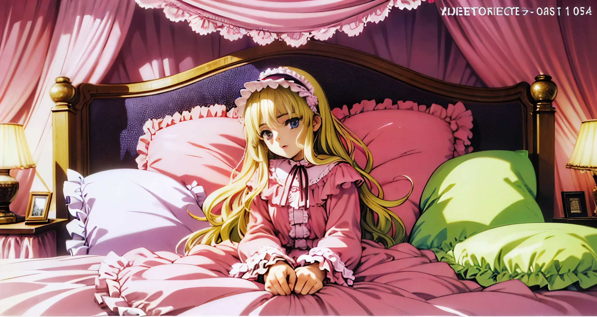 ,highest quality, masterpiece, highest resolution, artwork, super それにget used to it, many get used to it, get used to it, それにget used to it, 3K anime illustration,(( 10 year old girl)),Super detailed baby face,high quality small face,long blonde hair that grows to the waist,blue eyes,白い肌のeuropean,pajamas, european,(((super long blonde hair))),curly hair,blue eyes,((((ピンクのロリータファッションのlong skirtのワンピースドレス)))),((Pink dress with lots of frills and ribbons)),((Luxurious headdress with frills and ribbons)),detailed headdress,,(((big yoke collar))),Yoke collar with ruffles and ribbons,((((long sleeve)))),ruffle sleeves,((((long skirt)))),white ruffle and lace socks,large frill and ribbon pillow,(((Nice pink outfit))),豪華なcanopy bedの上,canopy bed,The bed is surrounded by luxurious curtains,many frilly pillows on the bed,There are many frilly pillows behind the girl.,super detailed background,detailed bed,soft pink comforter,Highly detailed soft ruffle pillow,Beautiful girl illustration,detailed beautiful face,fine hair,detailed eye ,detailed eyes,detailed mouth, arm details,fine hands,Detailed pillow,wide bed,Illustration on the bed, ,((((round futon)))),((((A large ruffled futon that covers the entire bed)))),detailed comforter,detailed bedシーツ,Before bedtime,romantic atmosphere,palace bedroom,((((The lower half of the body is hidden under the futon and the puffy skirt....)))) The girl is leaning on a pile of pillows, ,((((round futon)))),((((A large ruffled futon that covers the entire bed)))),((((not wearing shoes)))),