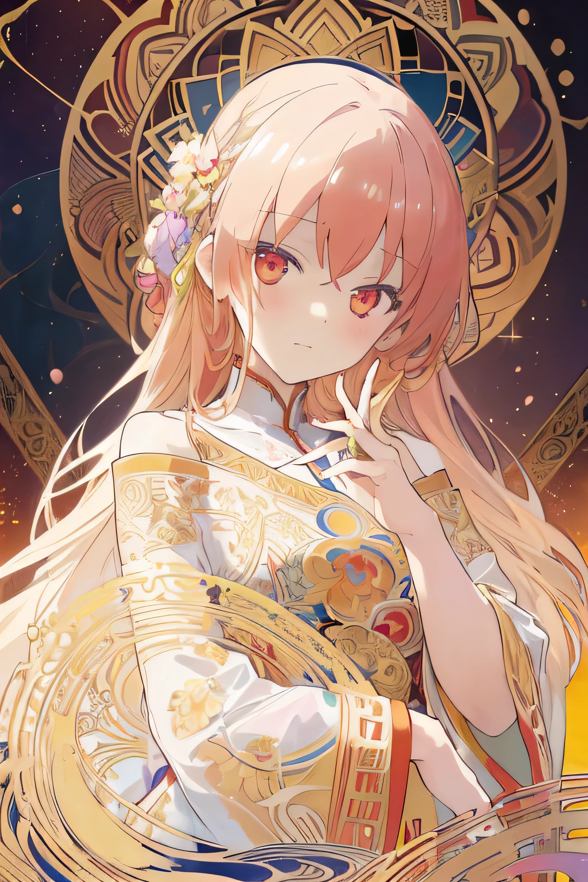 european woman face portrait , long curly hair, blonde, flower frame, shrine maiden costume、decorative panel, abstract artistic, By Alphonse Mucha (masterpiece, highest quality, High resolution:1.4), become familiar with, intricate details, 4k, splash of color, line drawing, fibonacci,watercolor painting、