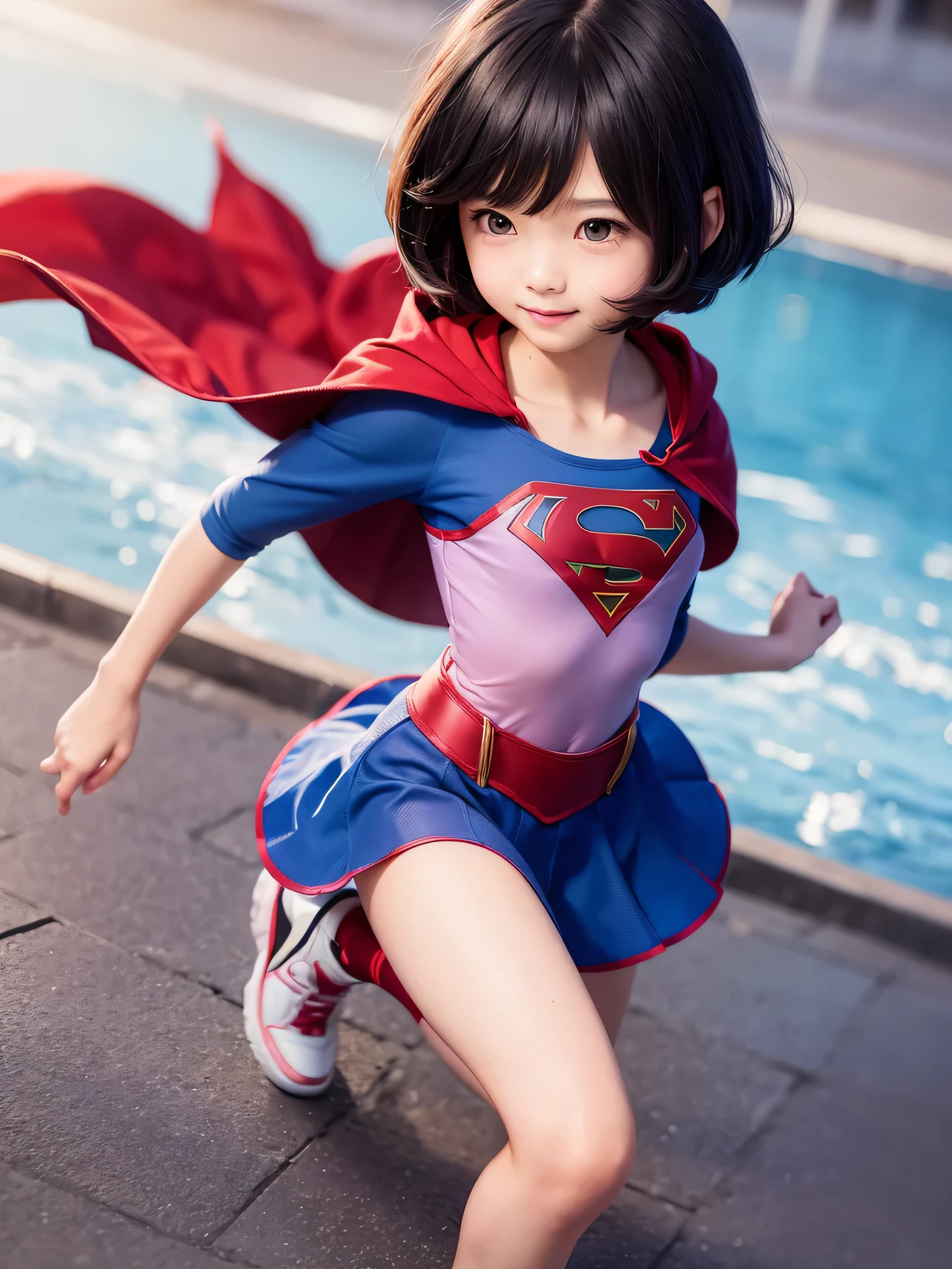 A  is wearing Supergirl clothes..、masterpiece、highest quality、Spreading black hair、bob cut with trimmed ends、(flat chest)、lolicon、red cloak、short sleeve、pink heart shaped particles、Rooftop background with pool、whole body、smile、High leg、thin crotch