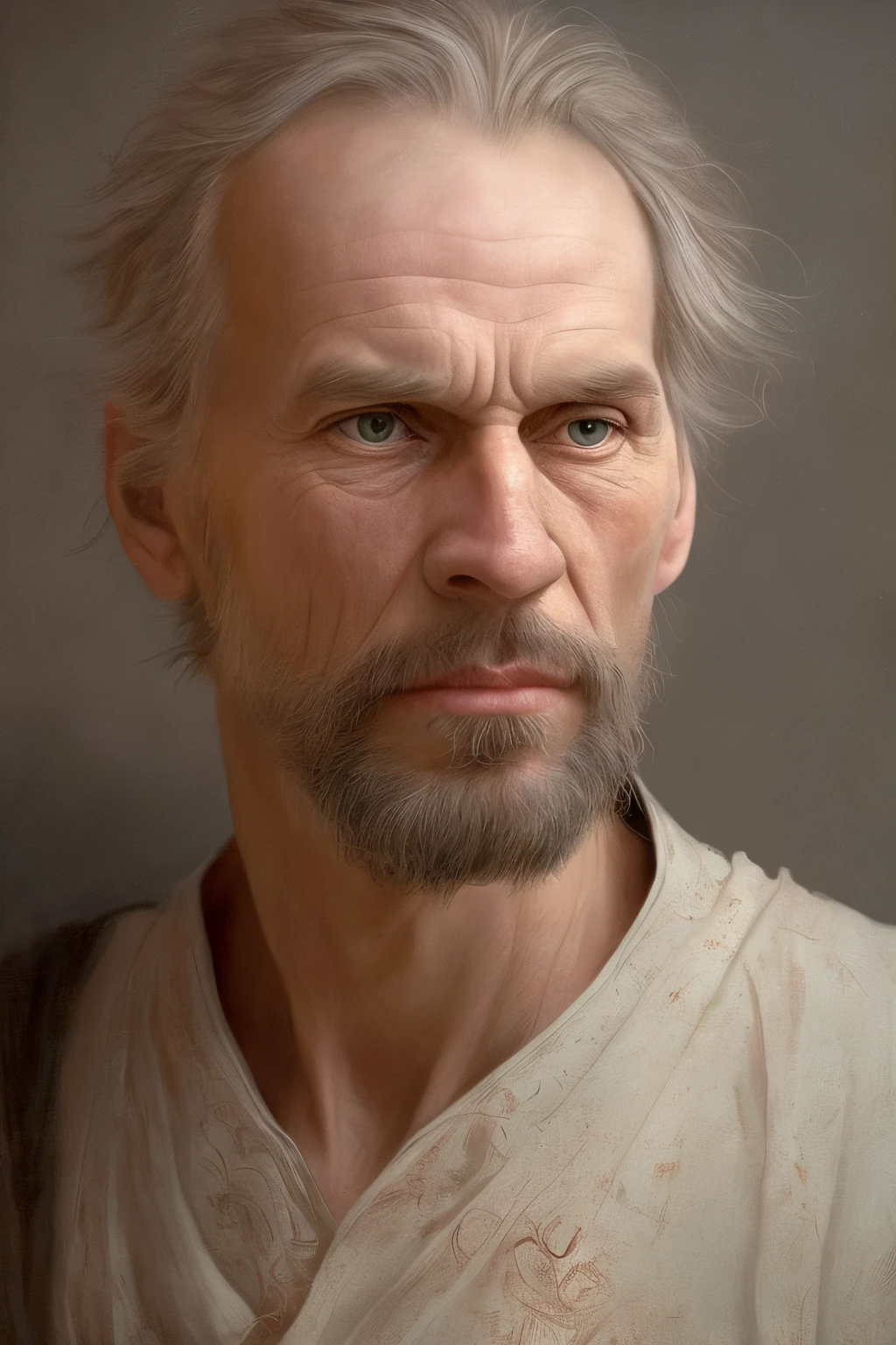 i believe the artist here is Ilya Tolstoy, known for his hyper-realistic and thoughtful depictions. This 8K image showcases a detailed and moody portrait of a pensive figure, dressed in a simple tunic, capturing the artist's unique vision through fundo neutro lighting, creating a striking and immersive experience. The intricately rendered facial features, with deep-set eyes and defined features, add to the overall sense of depth and emotion in this stunning piece.