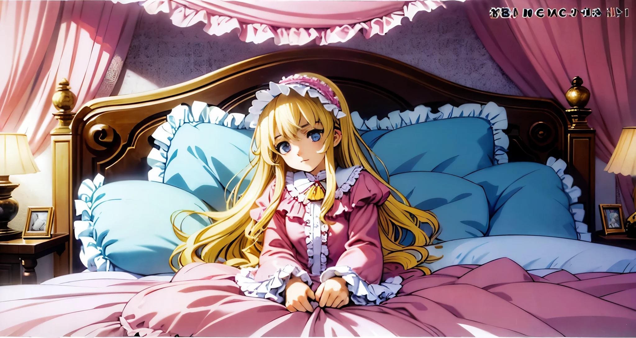 ,highest quality, masterpiece, highest resolution, artwork, super それにget used to it, many get used to it, get used to it, それにget used to it, 3K anime illustration,(( 10 year old girl)),Super detailed baby face,high quality small face,long blonde hair that grows to the waist,blue eyes,白い肌のeuropean,pajamas, european,(((super long blonde hair))),curly hair,blue eyes,((((ピンクのロリータファッションのlong skirtのワンピースドレス)))),((Pink dress with lots of frills and ribbons)),((Luxurious headdress with frills and ribbons)),detailed headdress,,(((big yoke collar))),Yoke collar with ruffles and ribbons,((((long sleeve)))),ruffle sleeves,((((long skirt)))),white ruffle and lace socks,large frill and ribbon pillow,(((Nice pink outfit))),豪華なcanopy bedの上,canopy bed,The bed is surrounded by luxurious curtains,many frilly pillows on the bed,There are many frilly pillows behind the girl.,super detailed background,detailed bed,soft pink comforter,Highly detailed soft ruffle pillow,Beautiful girl illustration,detailed beautiful face,fine hair,detailed eye ,detailed eyes,detailed mouth, arm details,fine hands,Detailed pillow,wide bed,Illustration on the bed, ,((((round futon)))),((((A large ruffled futon that covers the entire bed)))),detailed comforter,detailed bedシーツ,Before bedtime,romantic atmosphere,palace bedroom,((((The lower half of the body is hidden under the futon and the puffy skirt....)))) The girl is leaning on a pile of pillows, ,((((round futon)))),((((A large ruffled futon that covers the entire bed)))),((((not wearing shoes)))),