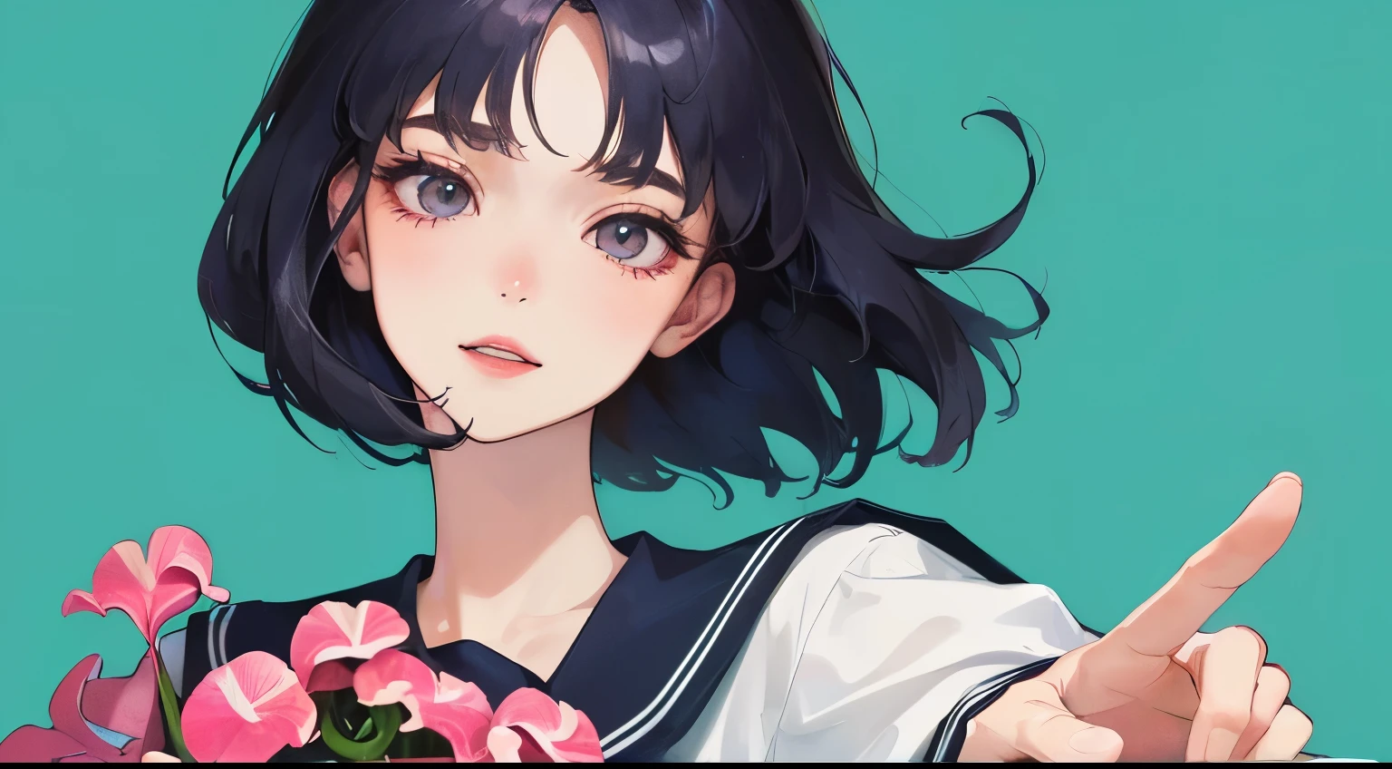 Masterpiece,best quality, Sailor Mercury, aiming AK-47 assault rifle, determined expression, Sailor Scout outfit, short blue hair, urban rooftop setting, smoggy, intense.
(((1 woman)))、(highest resolution、clear_image)、((holding a bouquet of cyclamen))), (((white Y-shirt)))、best quality、((perm hair)), (((simple solid color background)))、contrast of light and shadow、((illumination))、very detailed、semi-realistic、brown short hair、mischievous smile、bangs、20-year-old、office Lady,,young、((View from the front))、delicate facial features facial features、