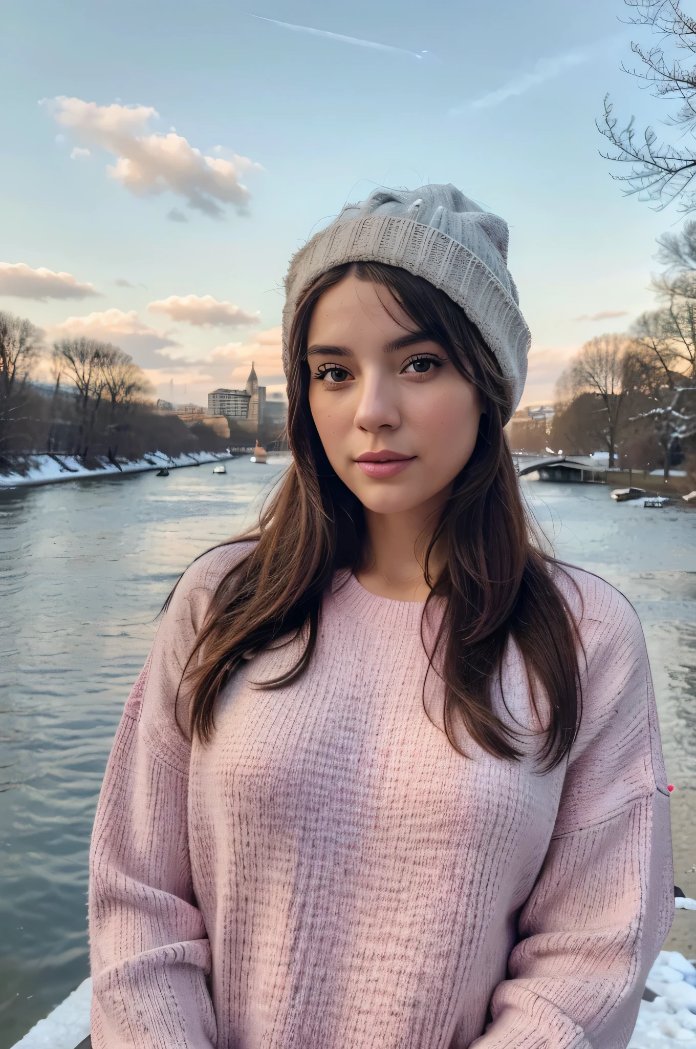 (best quality, highres, realistic, ultra-detailed, professional:1.2), pretty woman, in front of thames river, pink sweater, white winter cap, selfie POV, ultra-detailed, vivid colors