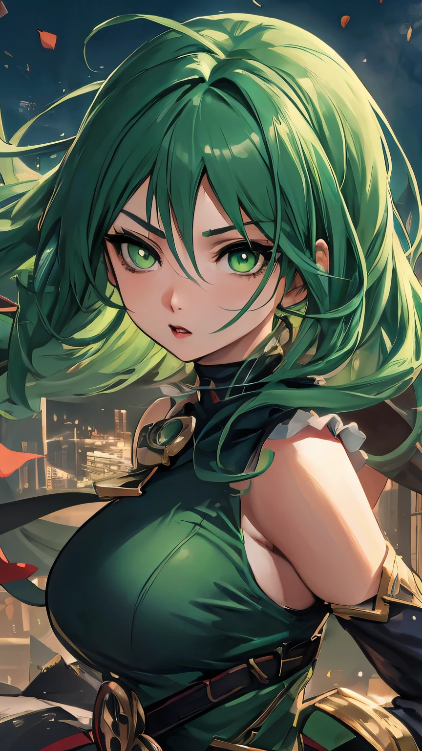  anime com cabelo verde e olhos verdes em uma cidade, estilo anime 4k, badass anime 8 k, artgerm extremamente detalhado, 4K manga wallpaper, garota anime sedutora, muito quente, artgerm 4k, Papel de parede de arte anime 4K, Papel de parede de arte anime 4k, portrait of a female anime heroine, Papel de parede de anime 4K