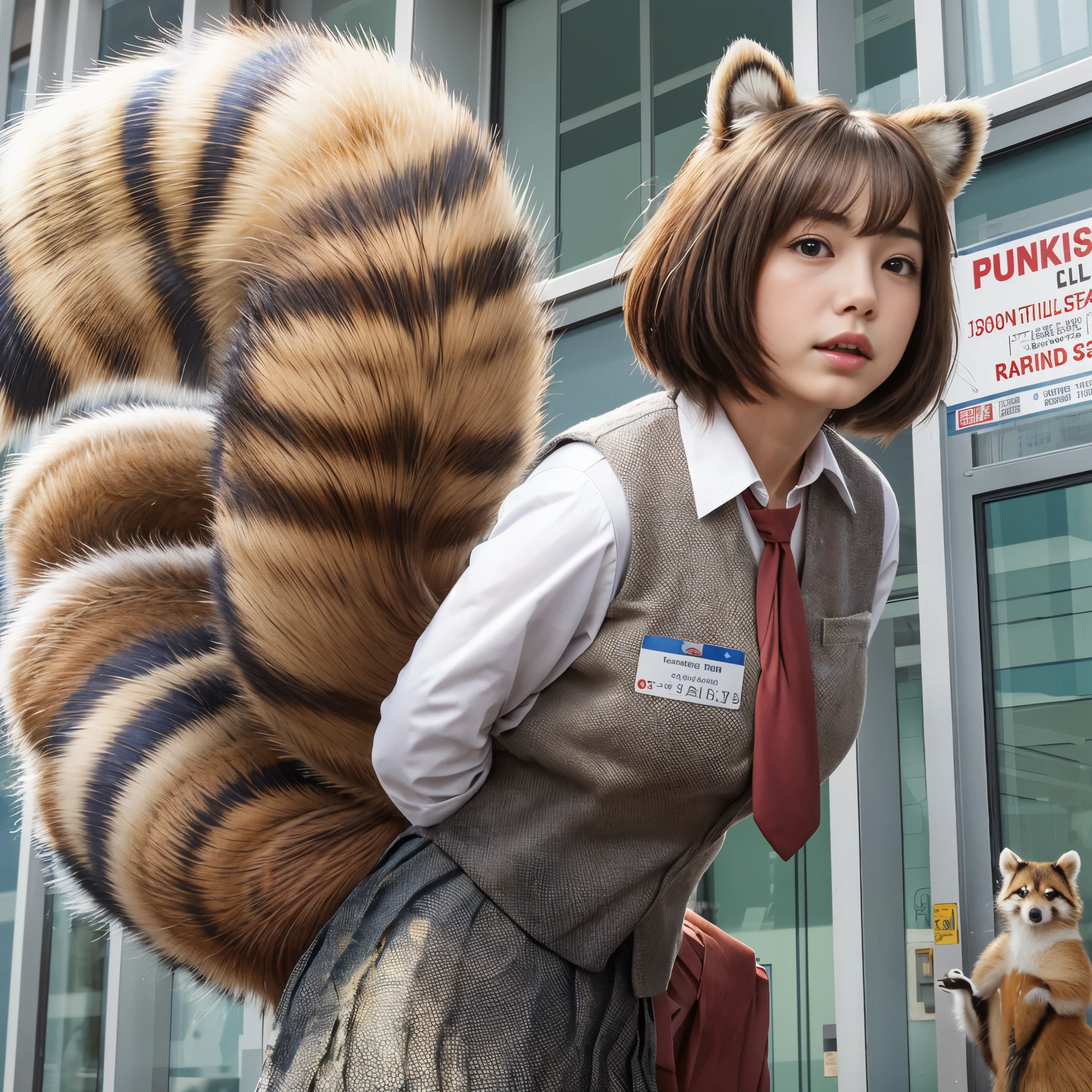 women with a tanuki tail, (software) safe for work, fur with tail, software version, colleague, realistic style, , realistic style , beautiful girl, photograph, 最high quality, (Her skirt is flipped up and her tail is visible.:1.8) ,Reality, small breasts, slender, white panties,tail from above panties, tail from inside the skirt, bushy tail, realistic tail, flat chest, (software) safe for work, nffsw, retina, muste piece, Accurate, anatomically correct, super detail, advanced details, high quality, 最high quality, High resolution, 1080p, 4k, 8K, The tail is sticking out from inside the skirt, long tail, be surprised to see the tail, eight-headed body, small face, blush, Red cheeks