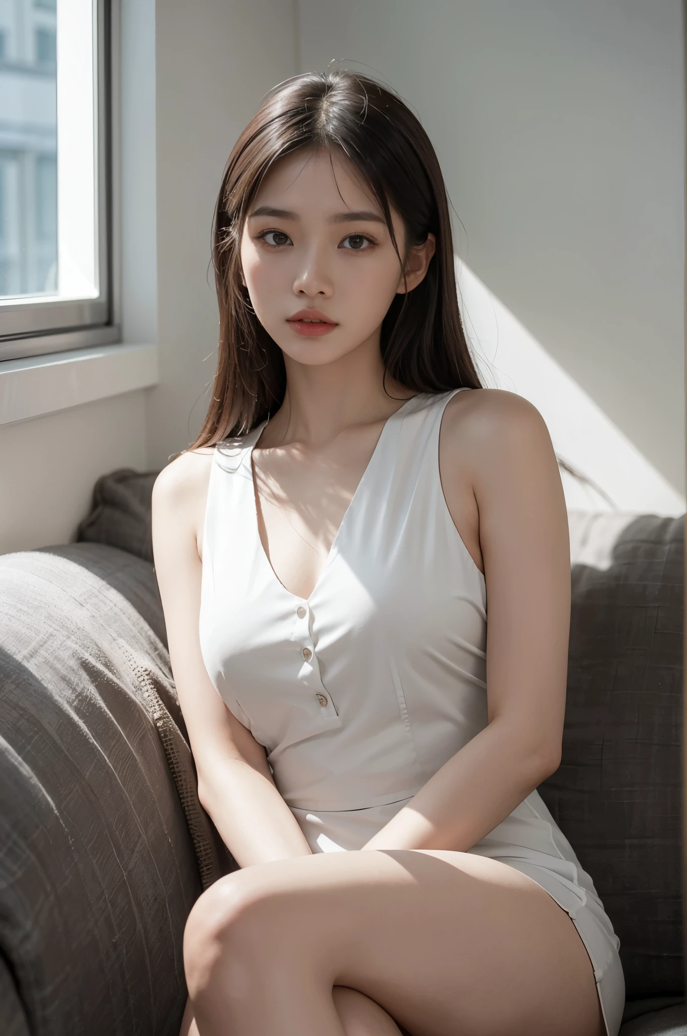 Asian woman sitting on sofa，Wearing a white dress, 暴Exposed milk房，Exposed milk，暴Exposed milk溝， high quality， looking at camera， Ultra-clear，model photos，Beautiful girl model, nice young girl, attractive pose，V-shaped buttoned clothing