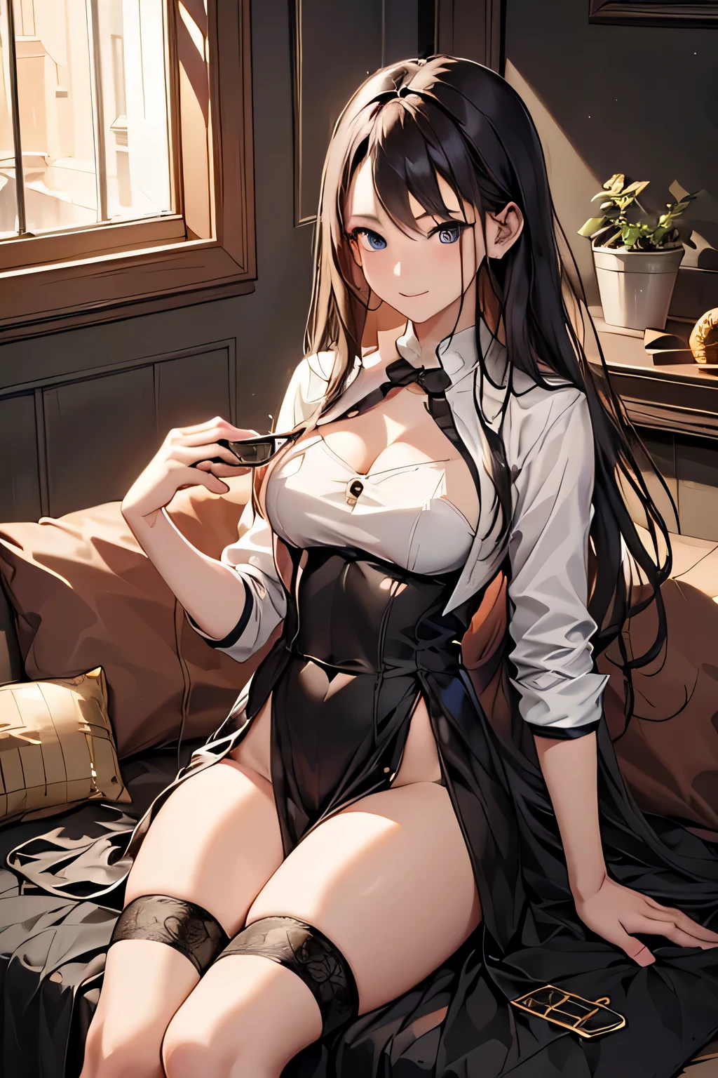 (masterpiece:1.2, highest quality), (realistic, photorealistic:1.4), (natural side lighting, movie lighting), looking at the viewer, 1 girl, Japanese, 25 years old, perfect face, perfect body, ((Cute symmetrical face)), shiny skin, long hair, straight hair, sideburns, hair intake, blonde, (medium breasts), thin, beautiful hair, beautiful face, detailed and beautiful eyes, beautiful clavicle, beautiful body, beautiful thighs, beautiful feet, (beautiful toes)、medium long skirt, white jacket、(cute smile), ((black high heels、stiletto heels)), (Stand upright with one foot in front of the other), face focus, full body figure)、put your hands on your hips、standing on tiptoe looking outside、Camera shooting from the feet、black stockings