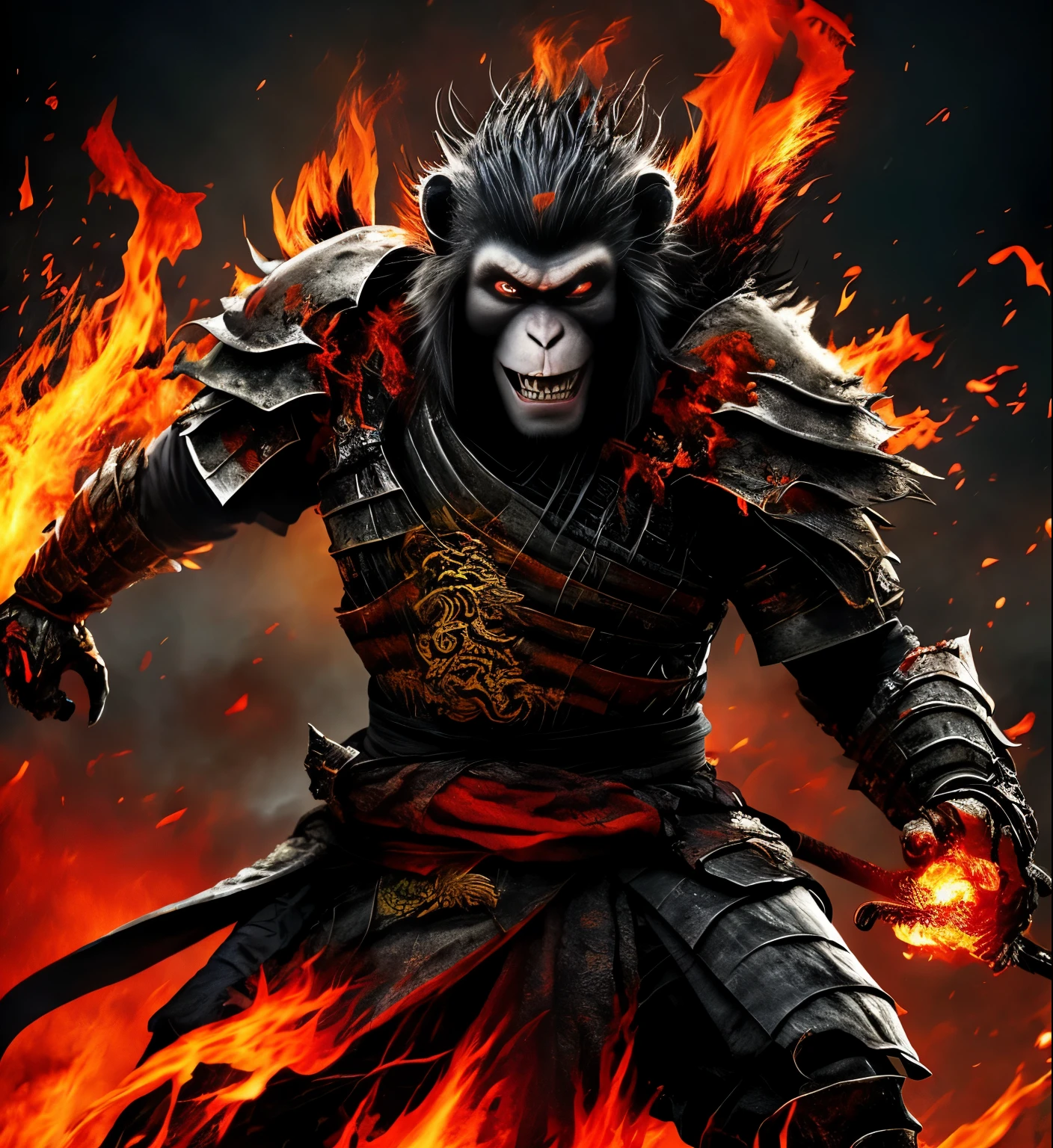 monkey wrapped in flames、Wearing samurai armor、flame of resentment、burning red eyes、exposed fangs、get angry、murderous intent、Beastly、dynamic pose、aggressive