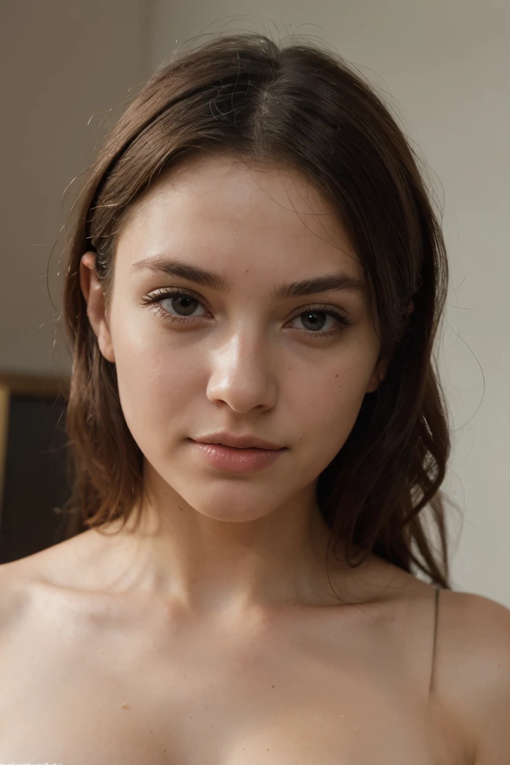 generate me a hyper-realistic image of an 18 year old girl of European and American descent with perfect, well lined eyes and brown eyes, with brown hair, beautiful delicate lips and a thin, upturned nose, straight hair .