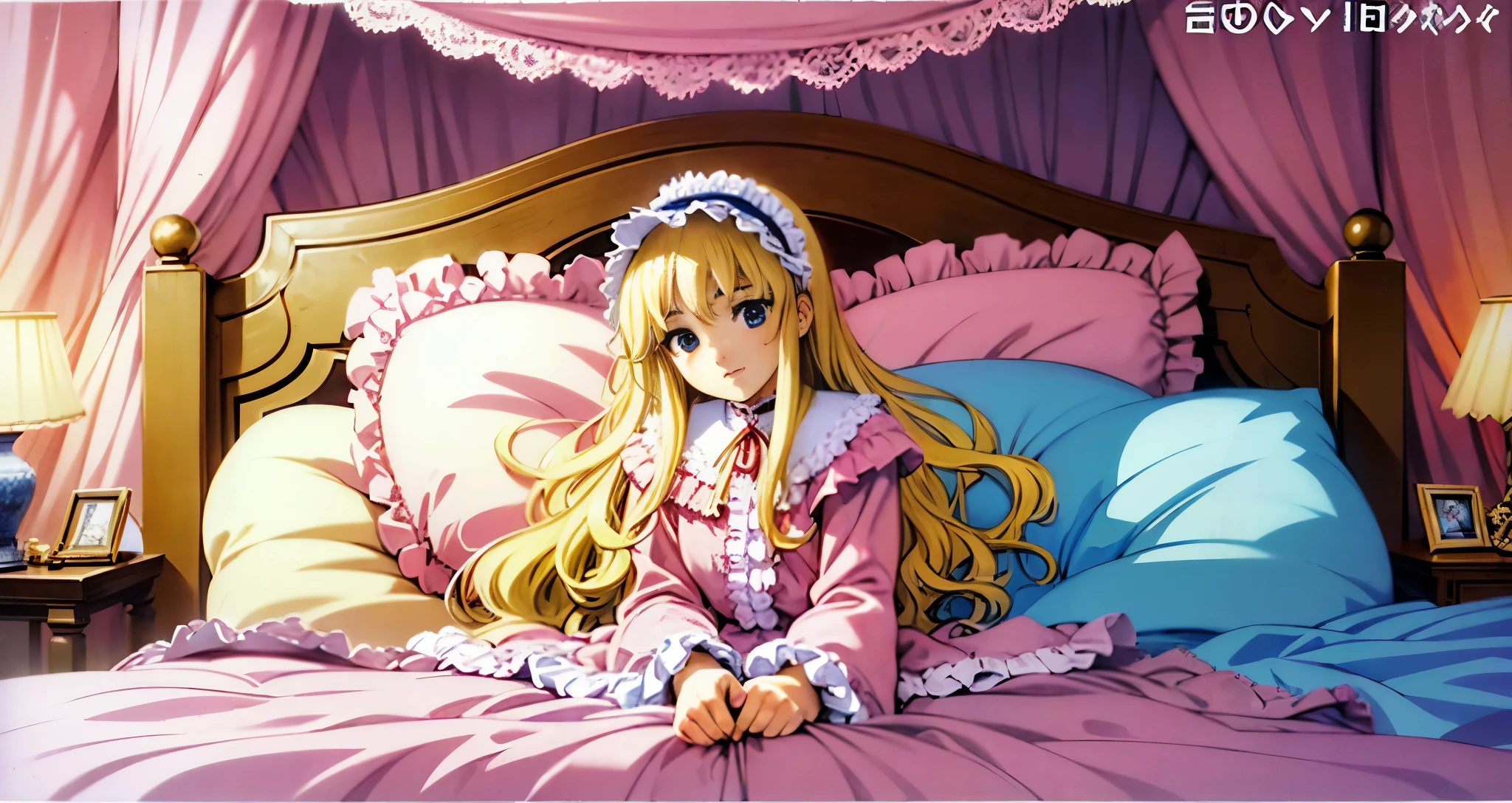 ,highest quality, masterpiece, highest resolution, artwork, super それにget used to it, many get used to it, get used to it, それにget used to it, 3K anime illustration,(( 10 year old girl)),Super detailed baby face,high quality small face,long blonde hair that grows to the waist,blue eyes,白い肌のeuropean,pajamas, european,(((super long blonde hair))),curly hair,blue eyes,((((ピンクのロリータファッションのlong skirtのワンピースドレス)))),((Pink dress with lots of frills and ribbons)),((Luxurious headdress with frills and ribbons)),detailed headdress,,(((big yoke collar))),Yoke collar with ruffles and ribbons,((((long sleeve)))),ruffle sleeves,((((long skirt)))),white ruffle and lace socks,large frill and ribbon pillow,(((Nice pink outfit))),豪華なcanopy bedの上,canopy bed,The bed is surrounded by luxurious curtains,many frilly pillows on the bed,There are many frilly pillows behind the girl.,super detailed background,detailed bed,soft pink comforter,Highly detailed soft ruffle pillow,Beautiful girl illustration,detailed beautiful face,fine hair,detailed eye ,detailed eyes,detailed mouth, arm details,fine hands,Detailed pillow,wide bed,Illustration on the bed, ,((((round futon)))),((((A large ruffled futon that covers the entire bed)))),detailed comforter,detailed bedシーツ,Before bedtime,romantic atmosphere,palace bedroom,((((The lower half of the body is hidden under the futon and the puffy skirt....)))) The girl is leaning on a pile of pillows, ,((((round futon)))),((((A large ruffled futon that covers the entire bed)))),((((not wearing shoes)))),