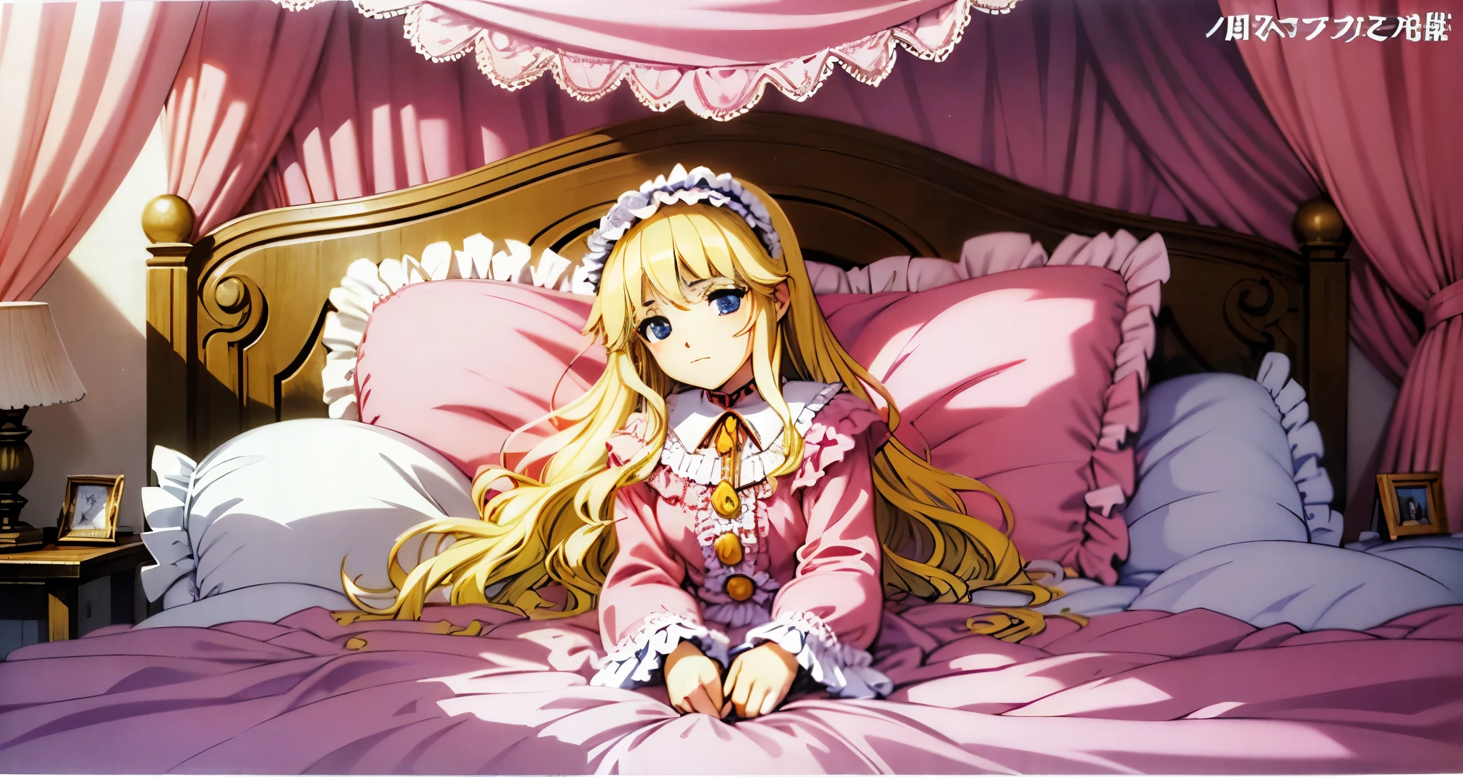 ,highest quality, masterpiece, highest resolution, artwork, super それにget used to it, many get used to it, get used to it, それにget used to it, 3K anime illustration,(( 10 year old girl)),Super detailed baby face,high quality small face,long blonde hair that grows to the waist,blue eyes,白い肌のeuropean,pajamas, european,(((super long blonde hair))),curly hair,blue eyes,((((ピンクのロリータファッションのlong skirtのワンピースドレス)))),((Pink dress with lots of frills and ribbons)),((Luxurious headdress with frills and ribbons)),detailed headdress,,(((big yoke collar))),Yoke collar with ruffles and ribbons,((((long sleeve)))),ruffle sleeves,((((long skirt)))),white ruffle and lace socks,large frill and ribbon pillow,(((Nice pink outfit))),豪華なcanopy bedの上,canopy bed,The bed is surrounded by luxurious curtains,many frilly pillows on the bed,There are many frilly pillows behind the girl.,super detailed background,detailed bed,soft pink comforter,Highly detailed soft ruffle pillow,Beautiful girl illustration,detailed beautiful face,fine hair,detailed eye ,detailed eyes,detailed mouth, arm details,fine hands,Detailed pillow,wide bed,Illustration on the bed, ,((((round futon)))),((((A large ruffled futon that covers the entire bed)))),detailed comforter,detailed bedシーツ,Before bedtime,romantic atmosphere,palace bedroom,((((The lower half of the body is hidden under the futon and the puffy skirt....)))) The girl is leaning on a pile of pillows, ,((((round futon)))),((((A large ruffled futon that covers the entire bed)))),((((not wearing shoes)))),