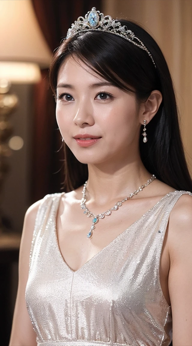 最high quality, masterpiece, High resolution, 1 girl, transparent silk china dress, beautiful face, hair ornaments, looking at the viewer, smile, closed mouth,lips, dress,hair ornaments, necklace, jewelry, long hair, earrings, beautiful face,in addition_body, Tyndall effect,realistic, Dark studio, rim lighting, two-tone lighting,(High resolutionスキン:1.2), 8k uhd, Digital single-lens reflex camera, soft lighting, high quality, volume lighting, Frank, photograph, High resolution, 4k, 8k, Bokeh